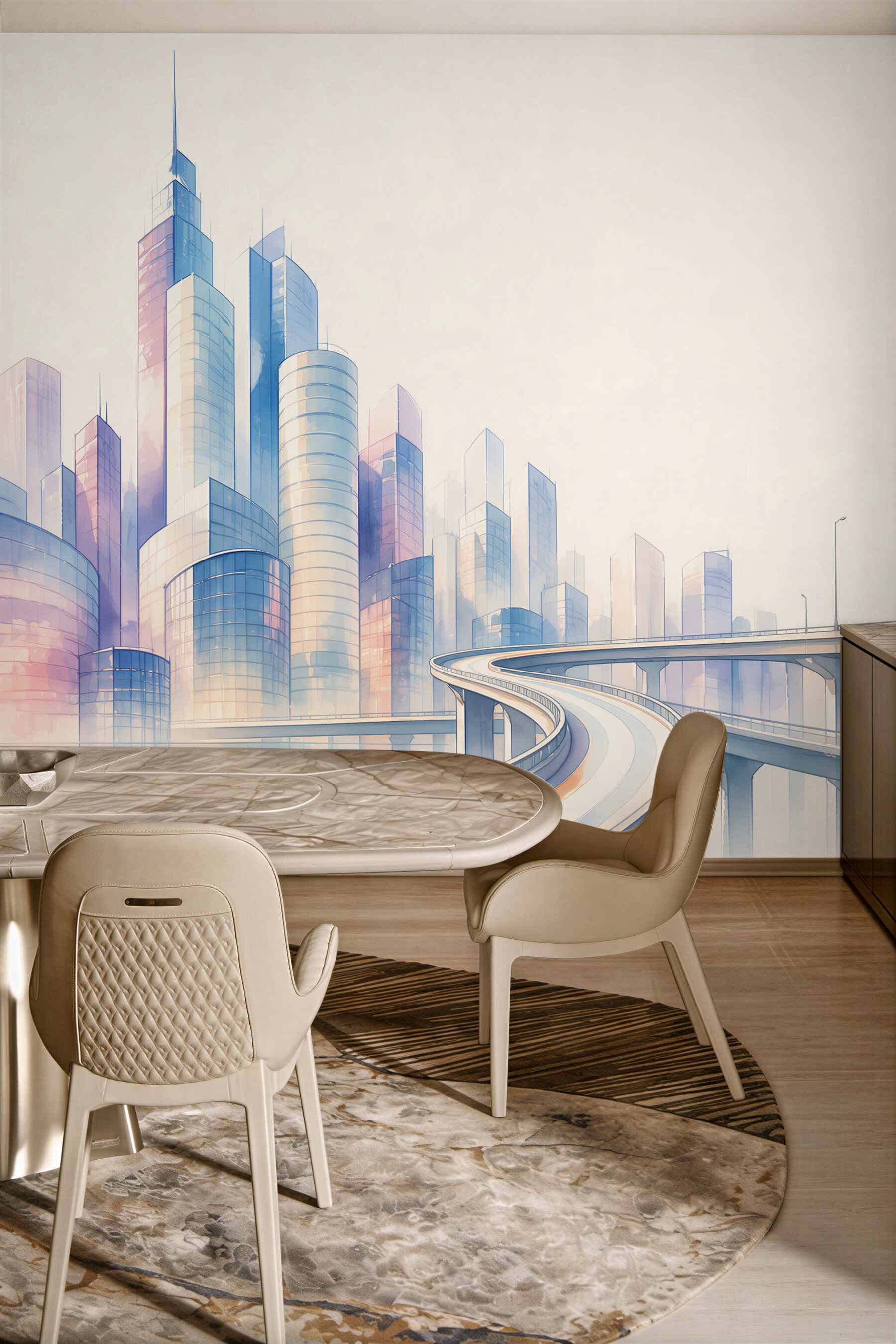Fototapeta futurystyczne miasto z estakadą pastelowa panorama nowoczesna