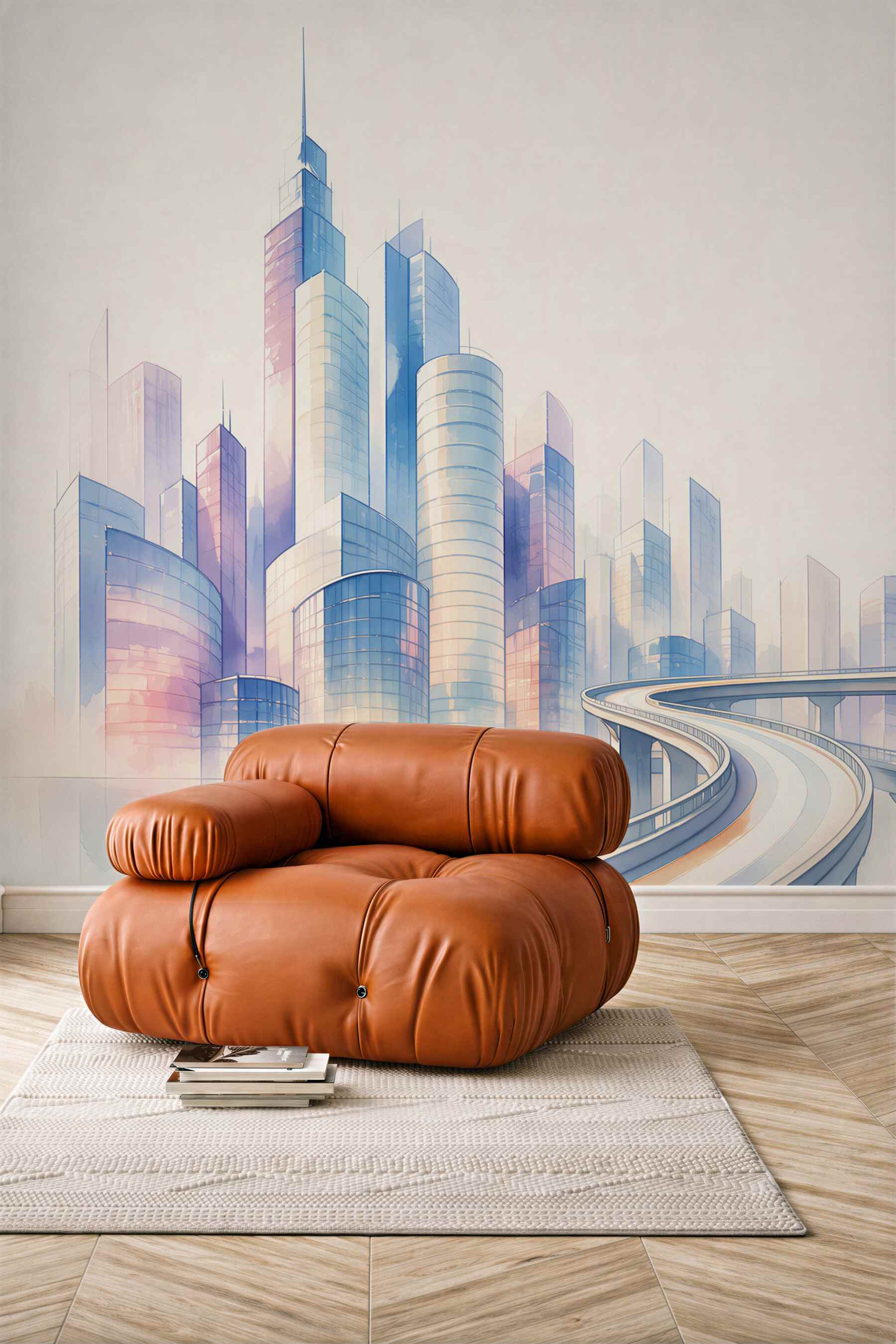 Fototapeta futurystyczne miasto z estakadą pastelowa panorama nowoczesna