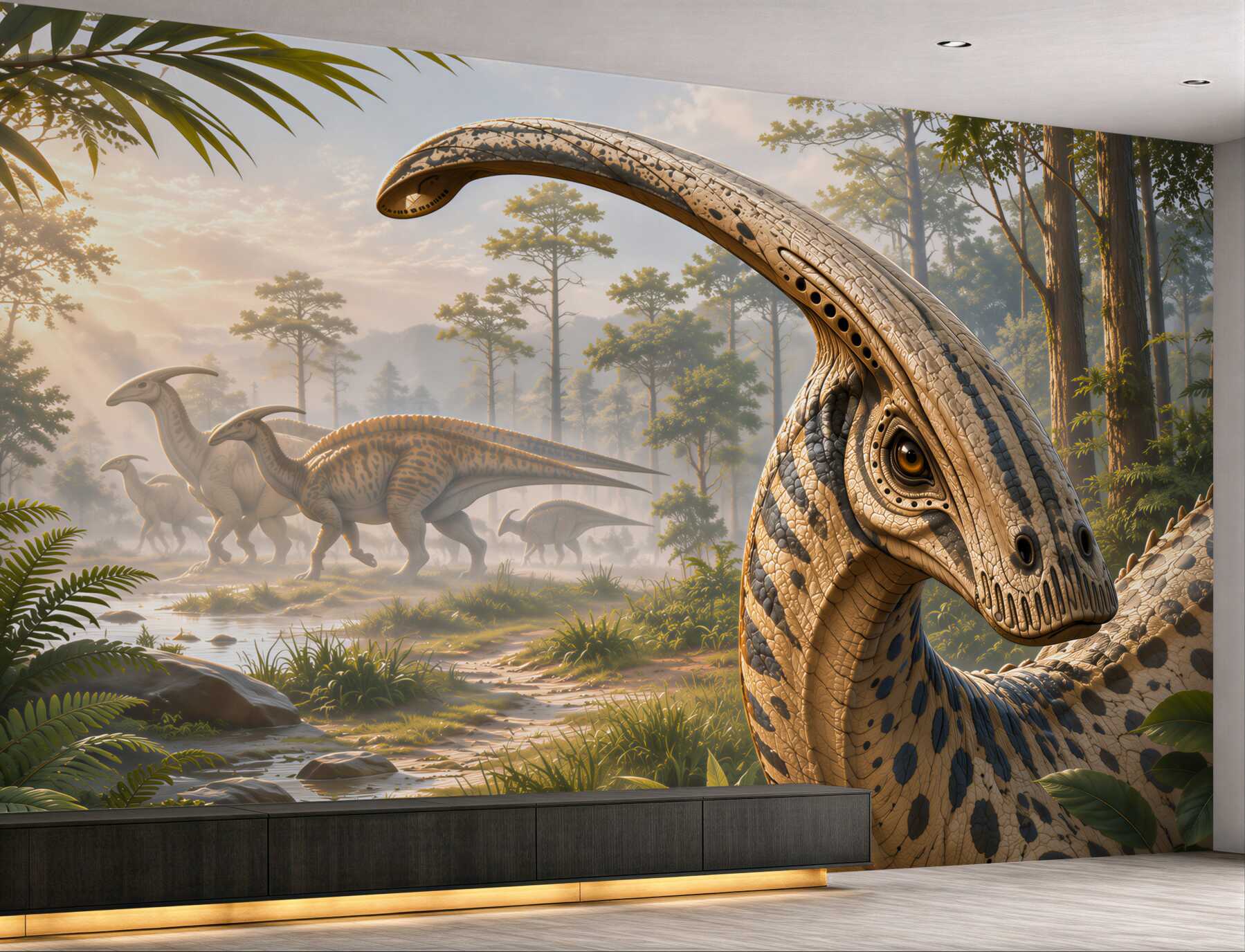 Fototapeta dinozaury w prehistorycznym lesie realistyczna do pokoju dziecka