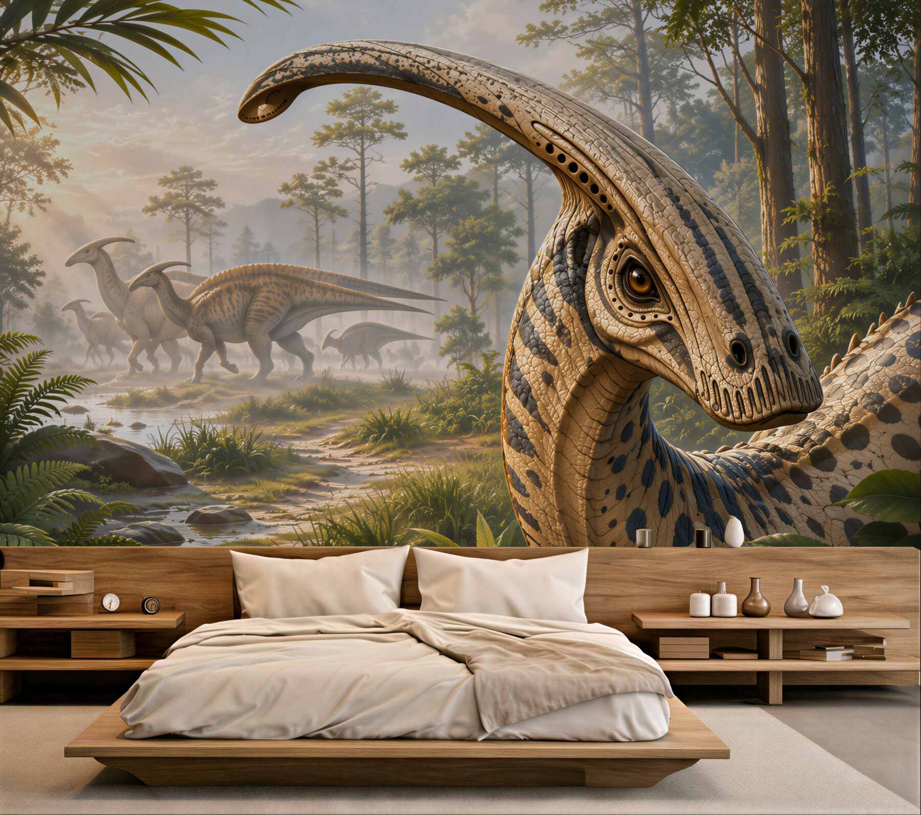 Fototapeta dinozaury w prehistorycznym lesie realistyczna do pokoju dziecka