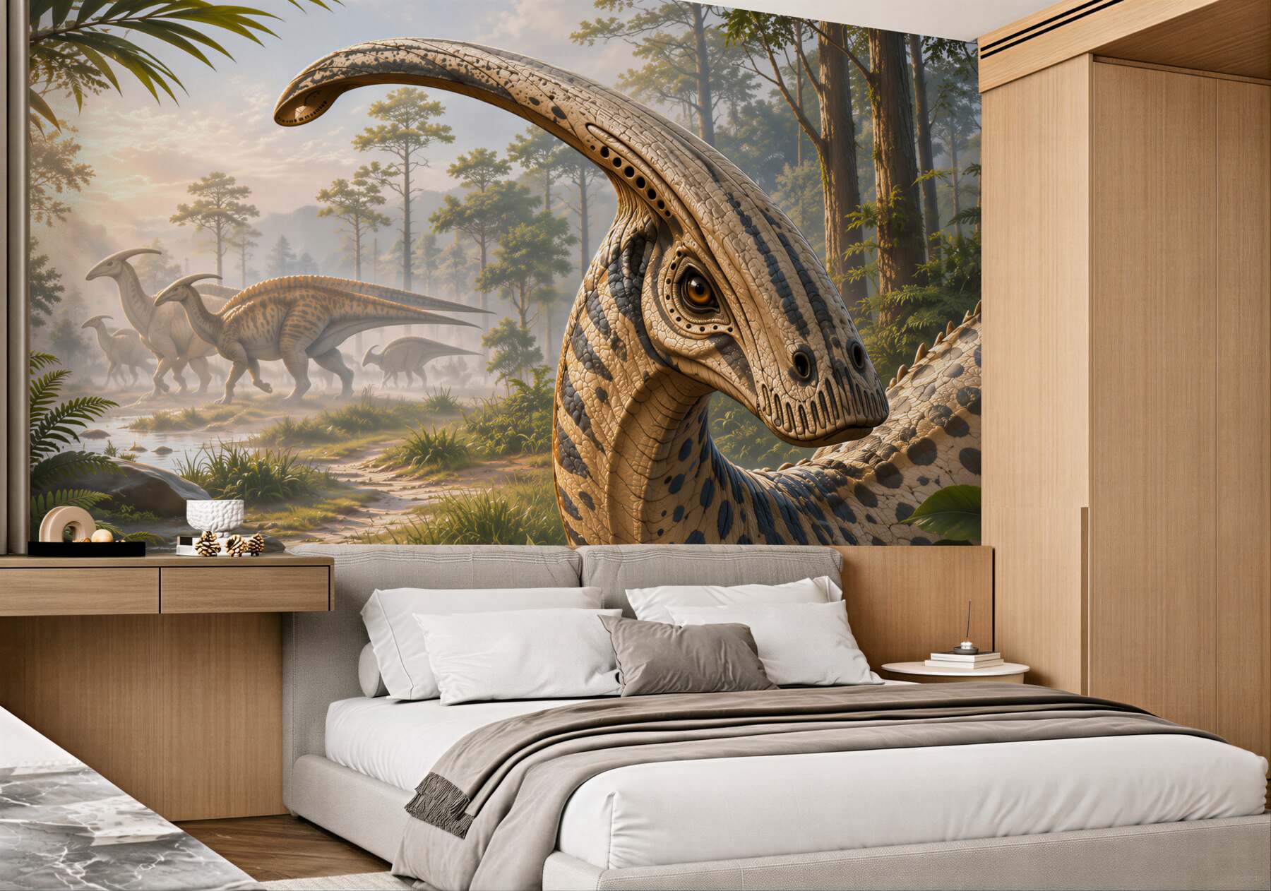 Fototapeta dinozaury w prehistorycznym lesie realistyczna do pokoju dziecka