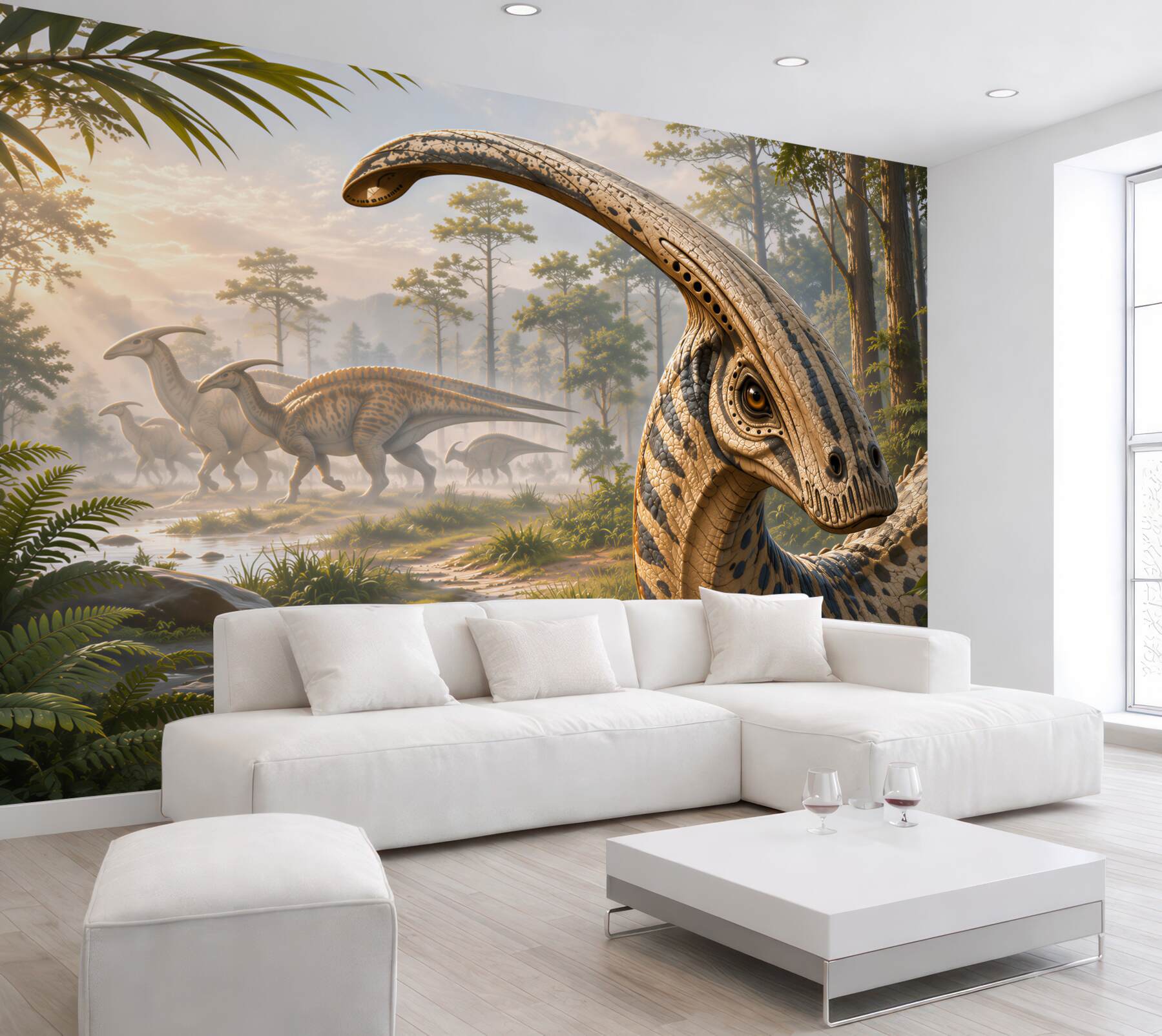 Fototapeta dinozaury w prehistorycznym lesie realistyczna do pokoju dziecka