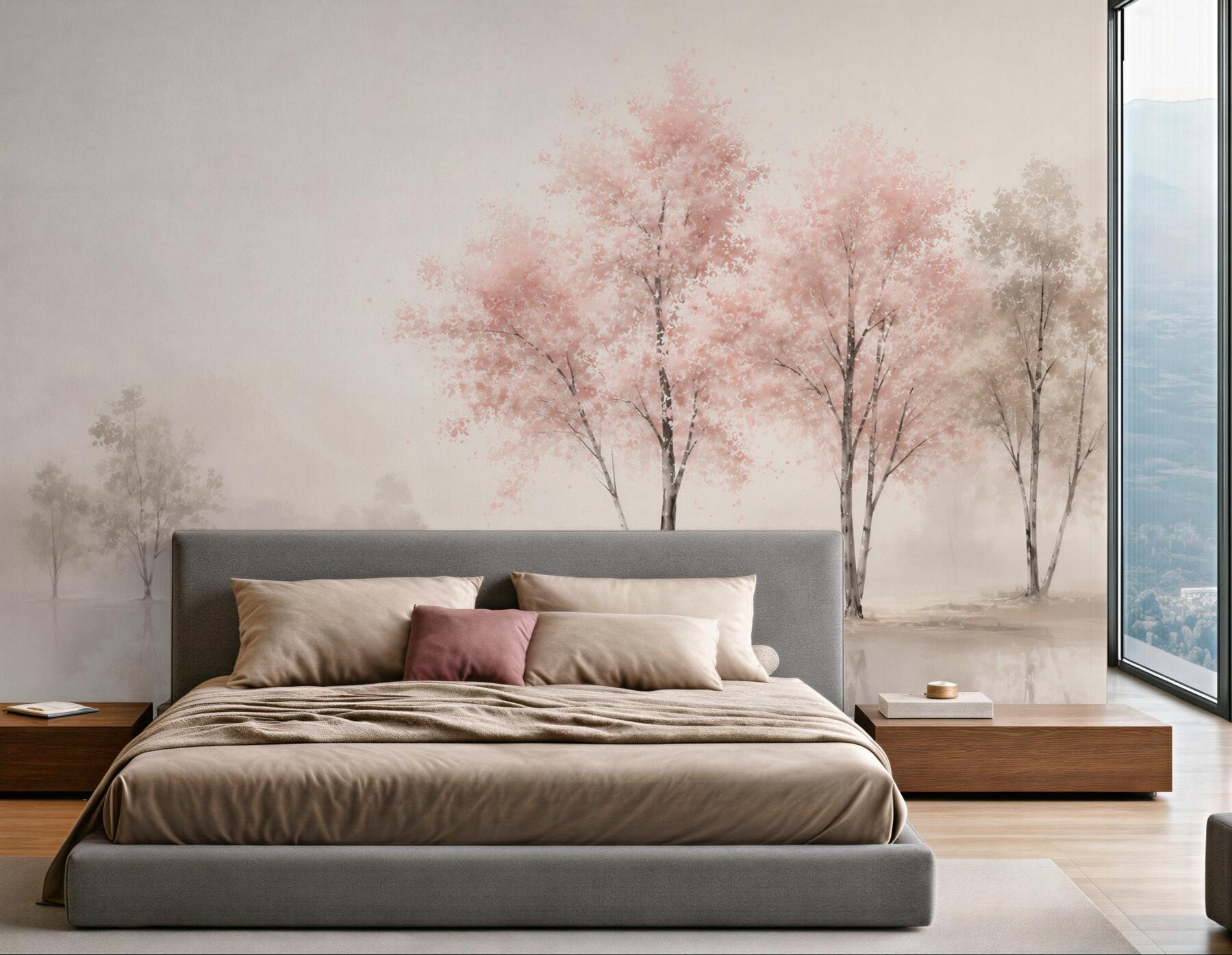 Fototapeta pastelowe drzewa nad jeziorem we mgle delikatna i spokojna