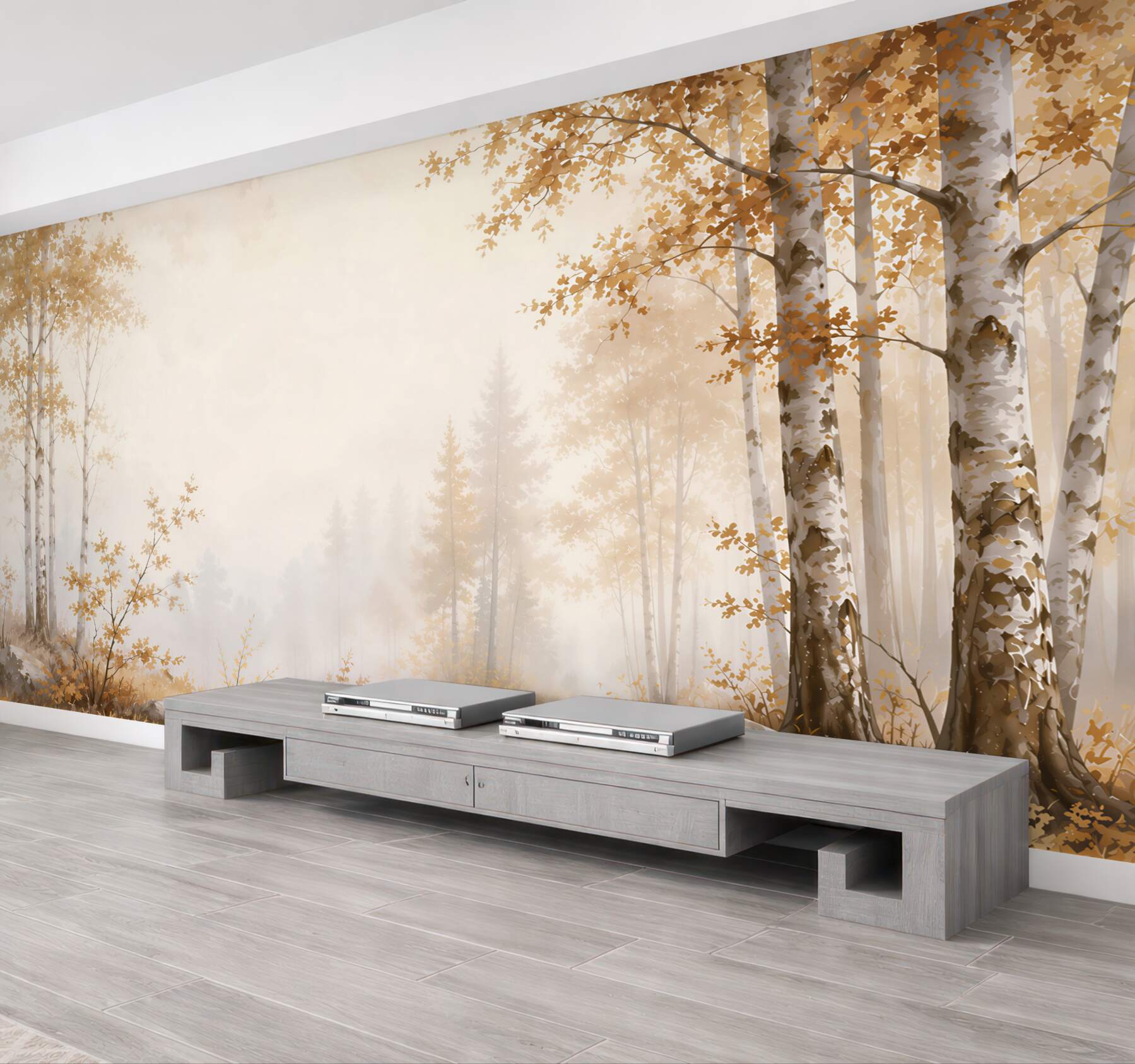Fototapeta jesienny las brzozowy z leśną ścieżką w ciepłych beżowych tonach
