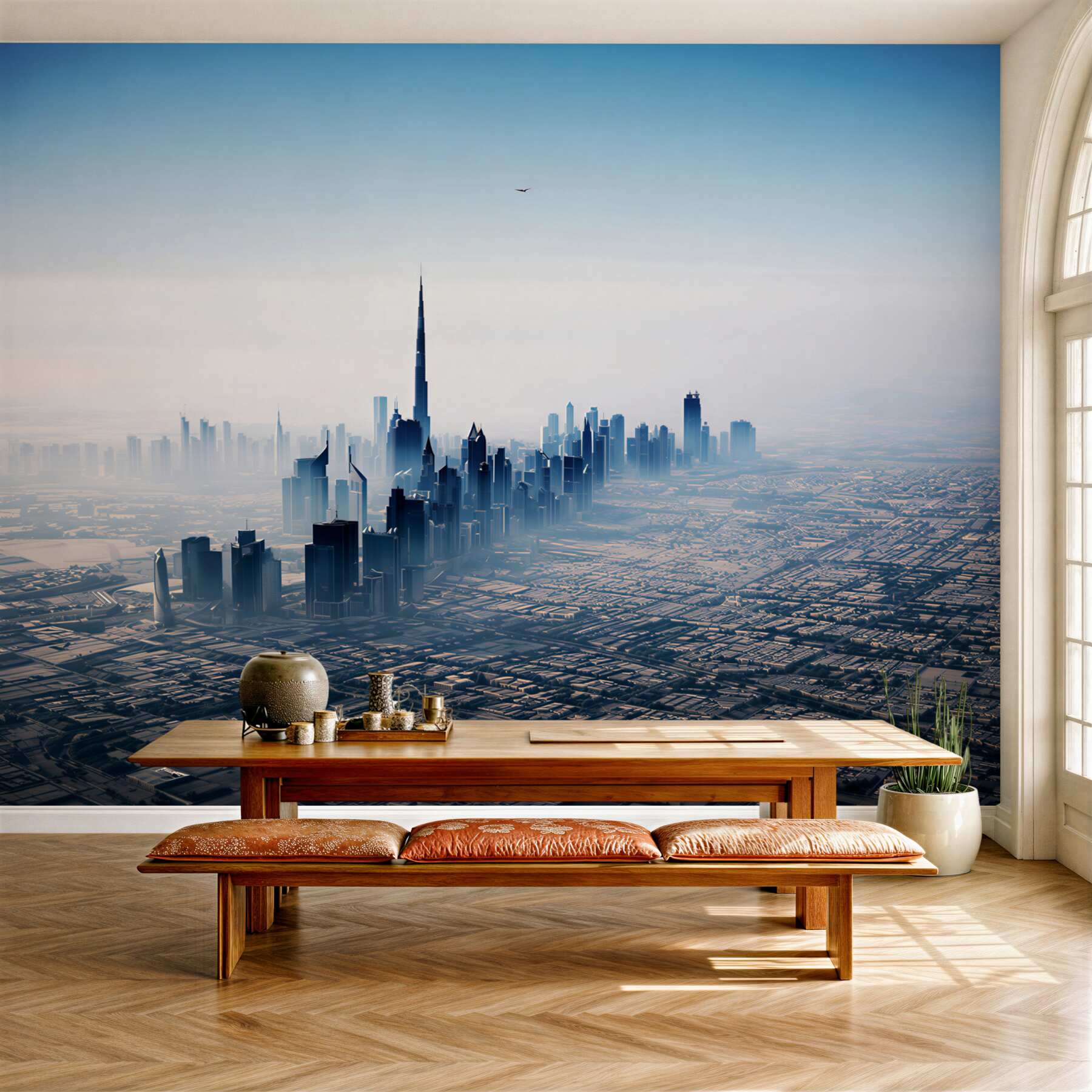 Fototapeta panorama nowoczesnego miasta z wieżowcami we mgle