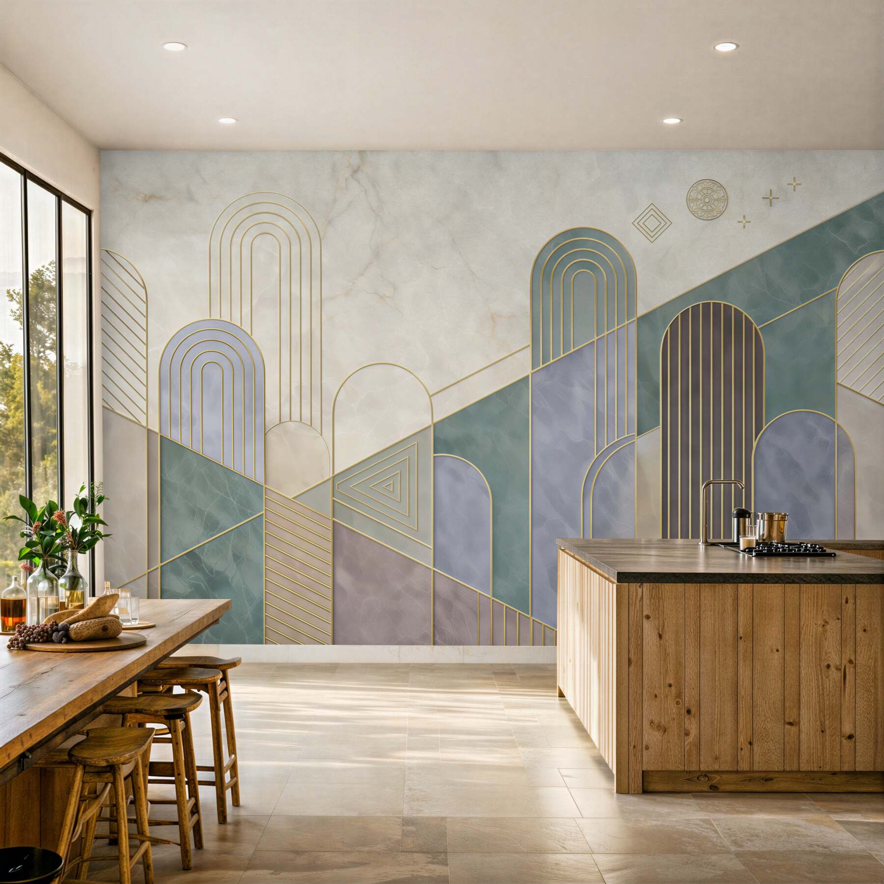 Fototapeta geometryczne łuki pastelowe ze złotymi liniami art deco