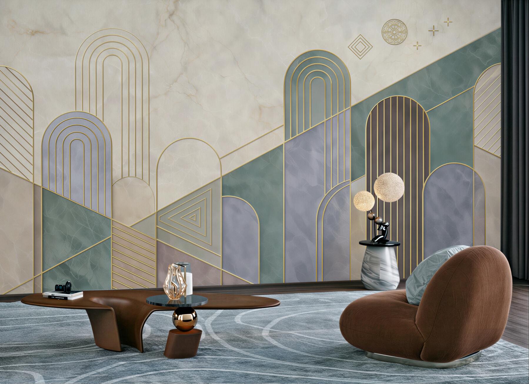 Fototapeta geometryczne łuki pastelowe ze złotymi liniami art deco