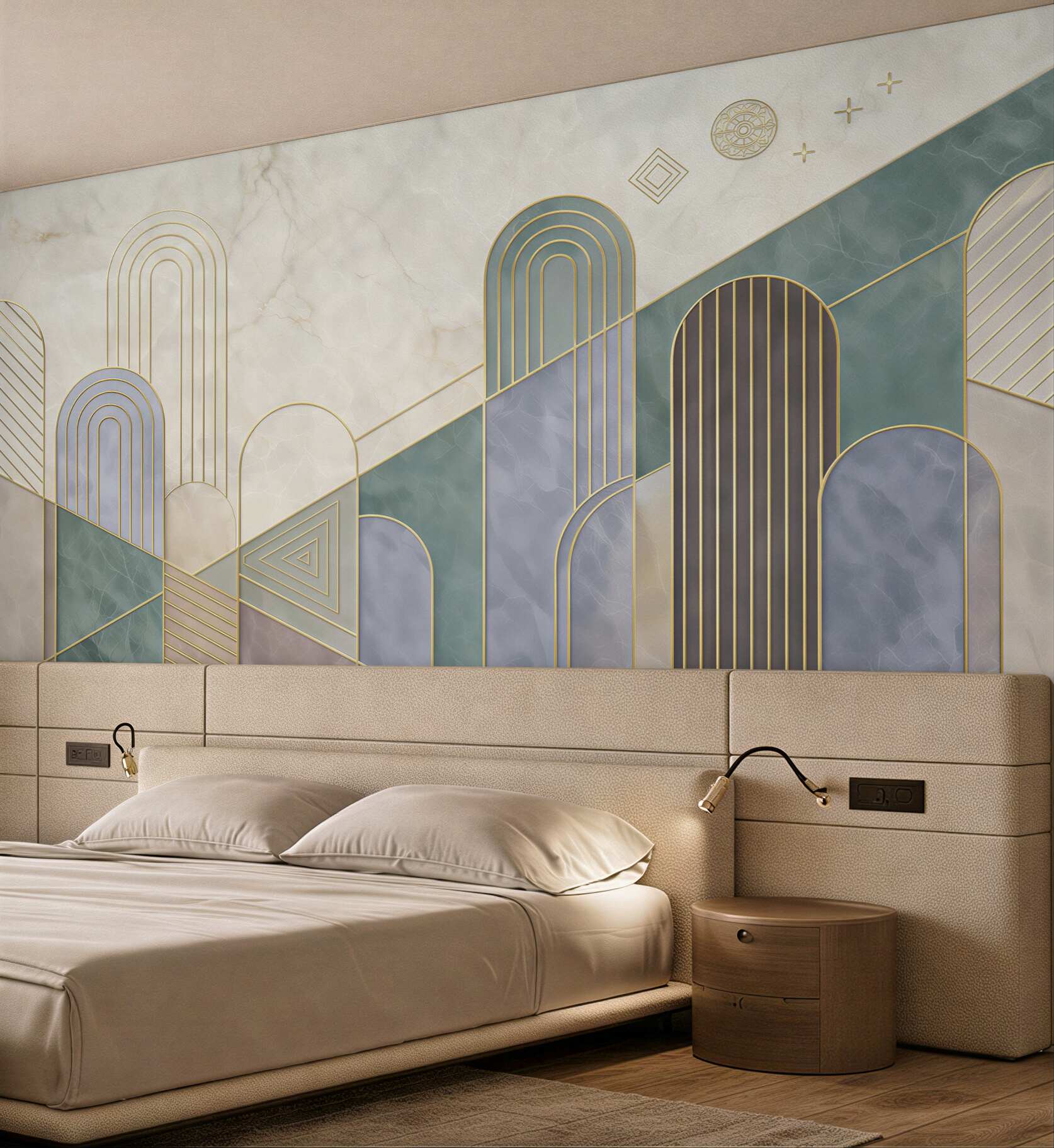 Fototapeta geometryczne łuki pastelowe ze złotymi liniami art deco