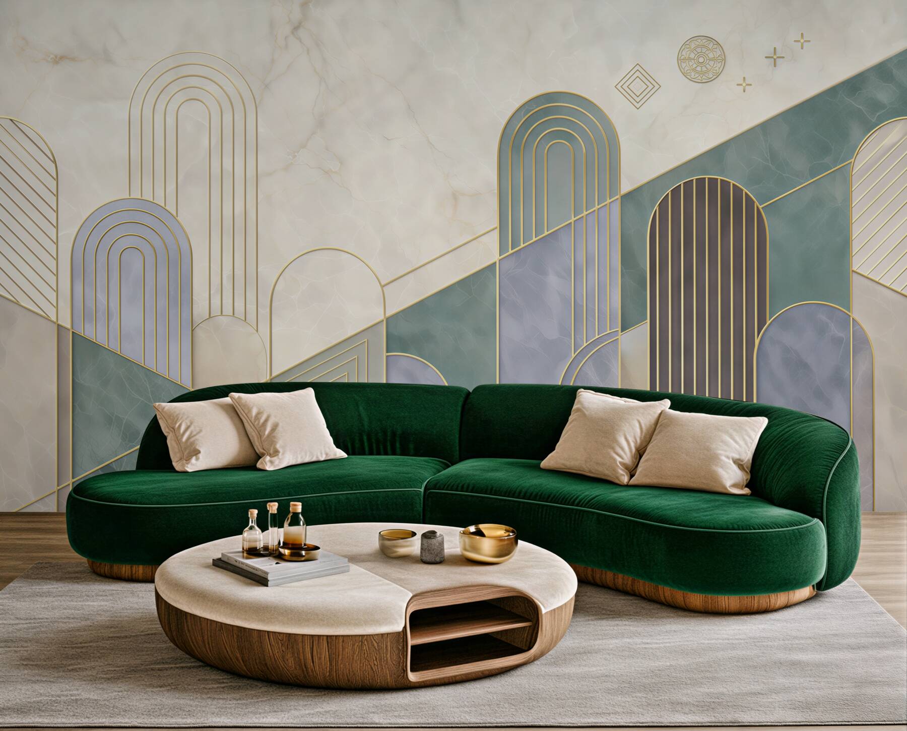 Fototapeta geometryczne łuki pastelowe ze złotymi liniami art deco