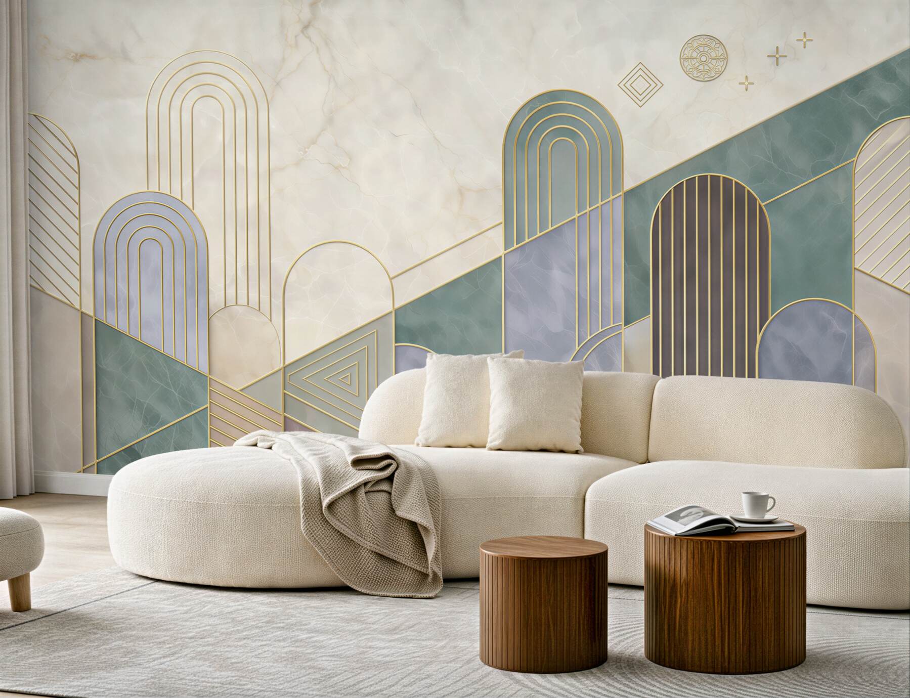 Fototapeta geometryczne łuki pastelowe ze złotymi liniami art deco