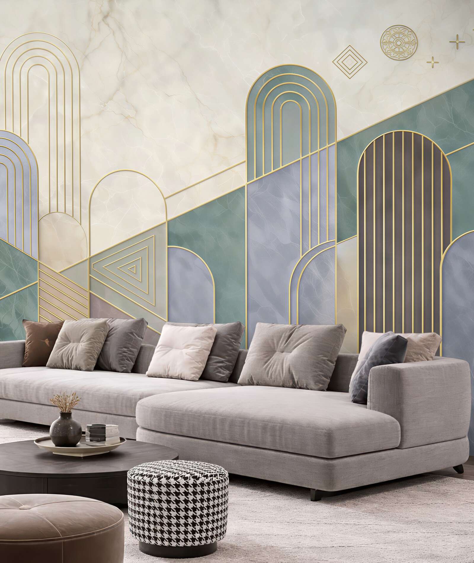 Fototapeta geometryczne łuki pastelowe ze złotymi liniami art deco