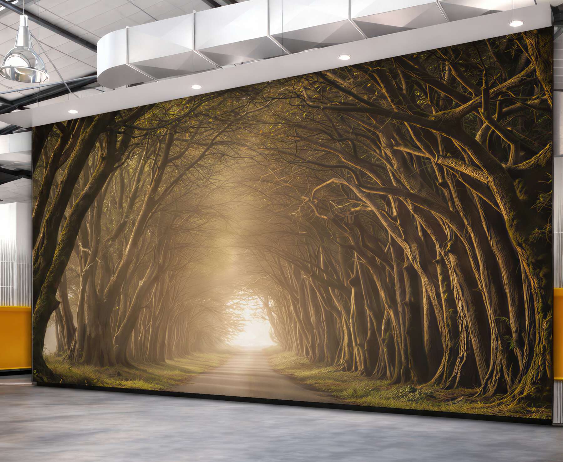 Fototapeta leśny tunel z drzew i światłem we mgle nastrojowa