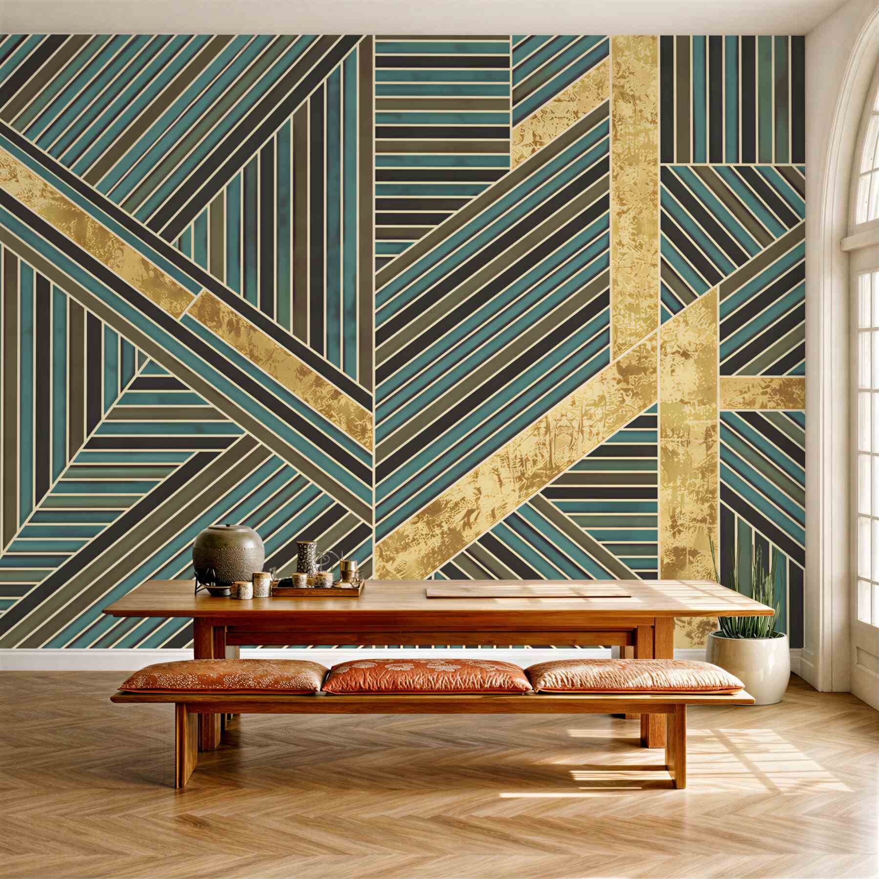 Fototapeta geometryczny wzór art deco turkusowo-złoty elegancki