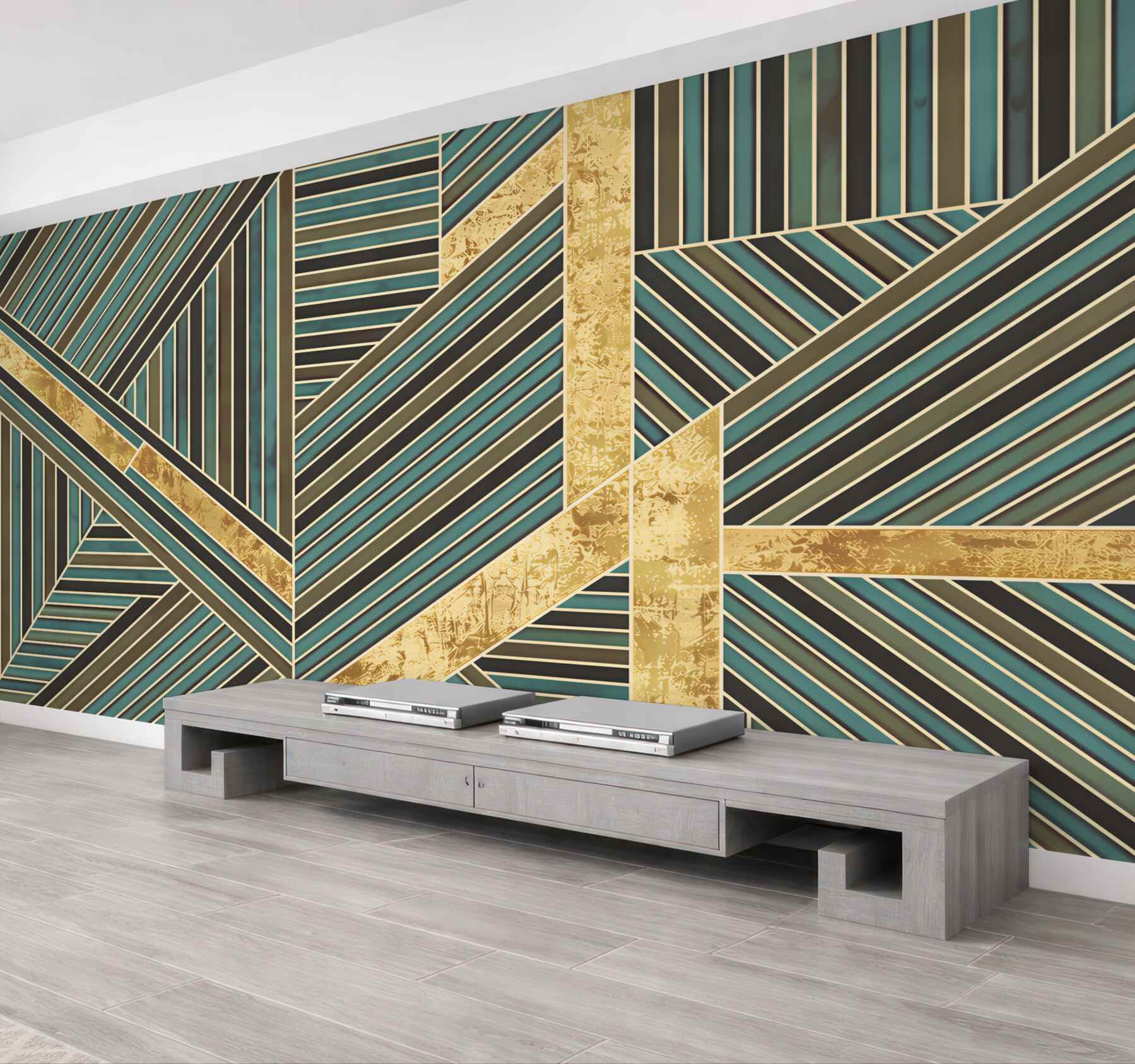 Fototapeta geometryczny wzór art deco turkusowo-złoty elegancki
