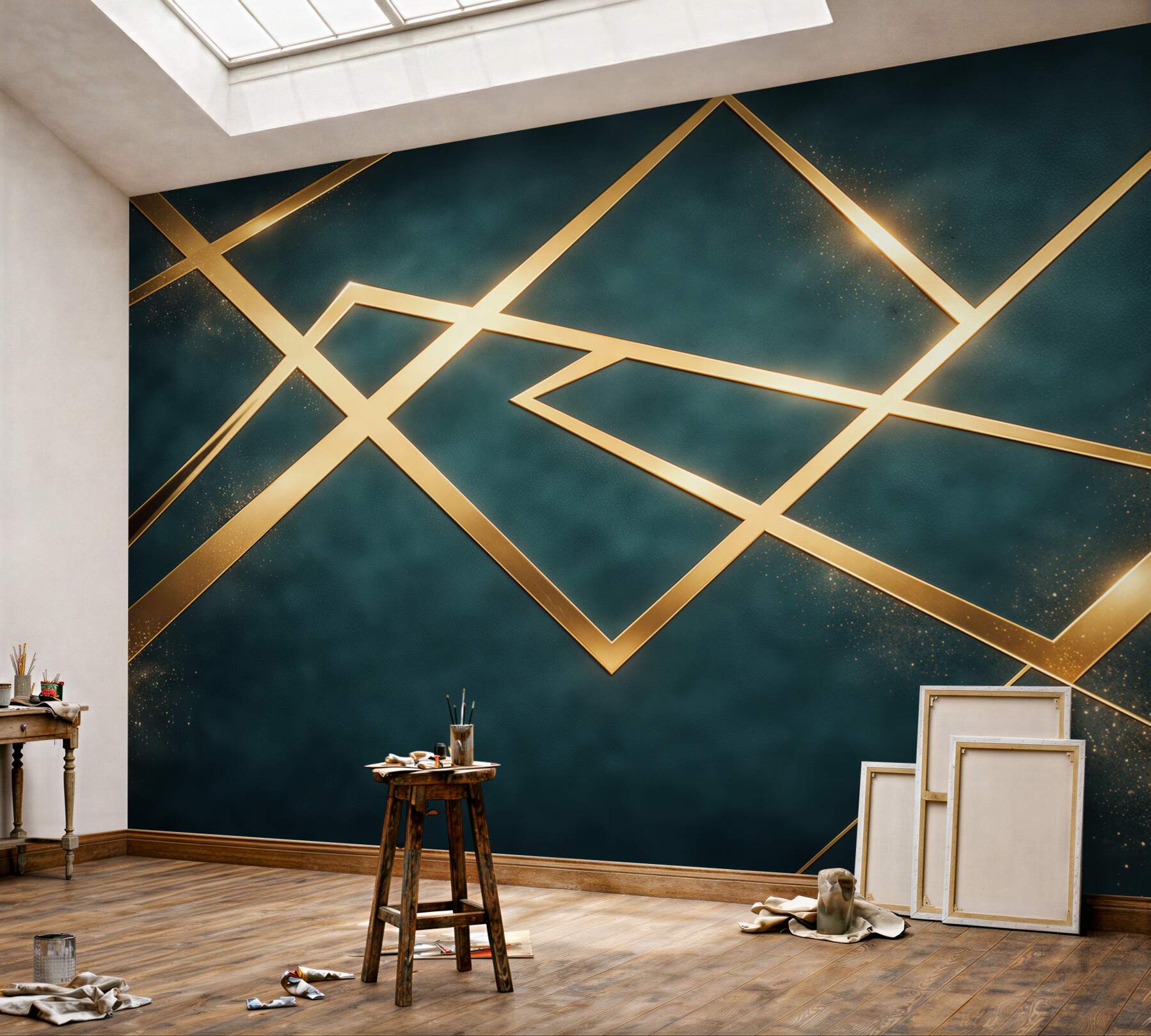 Fototapeta geometryczne złote linie na ciemnozielonym tle nowoczesna