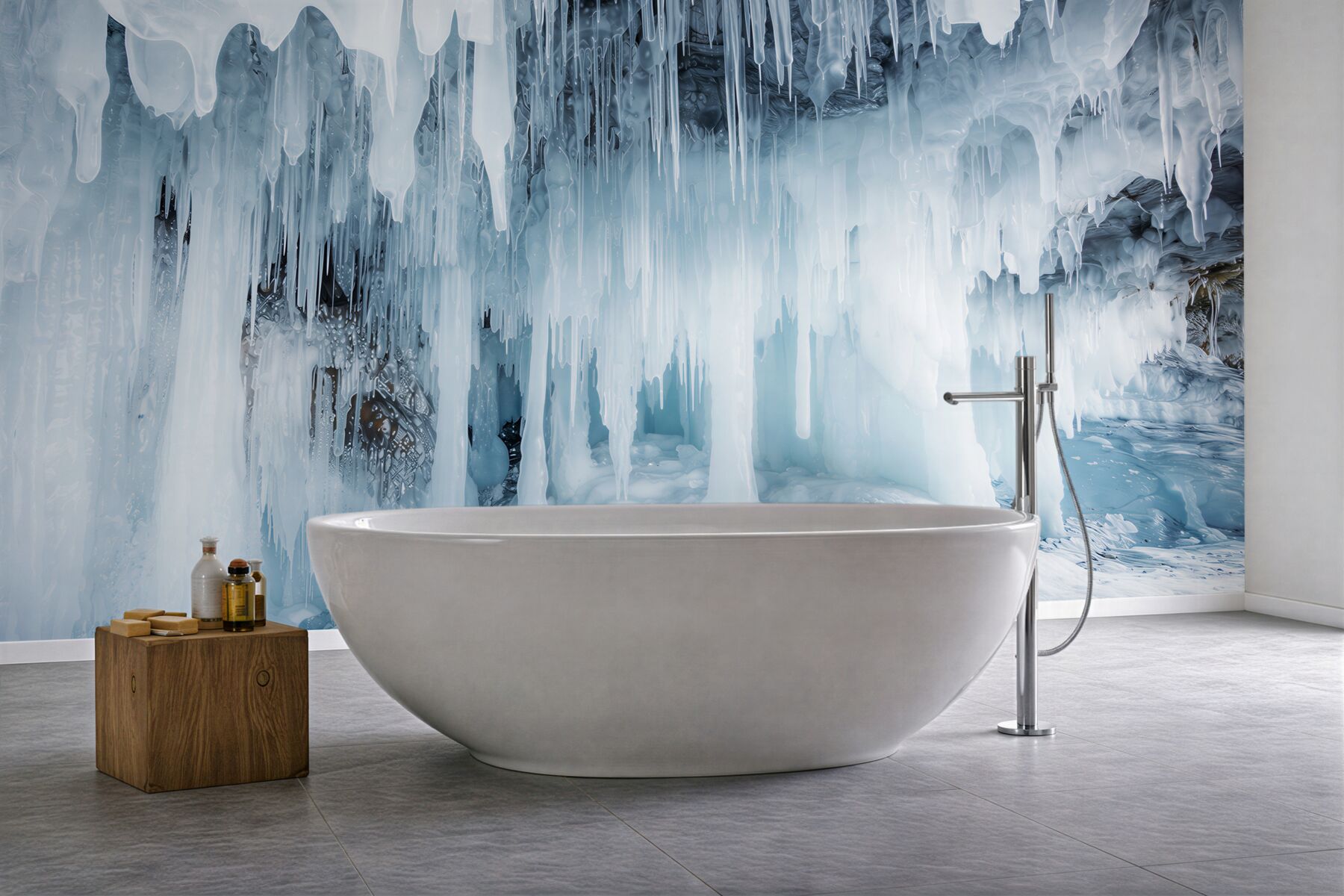 Fototapeta lodowa jaskinia z soplami w chłodnych błękitach