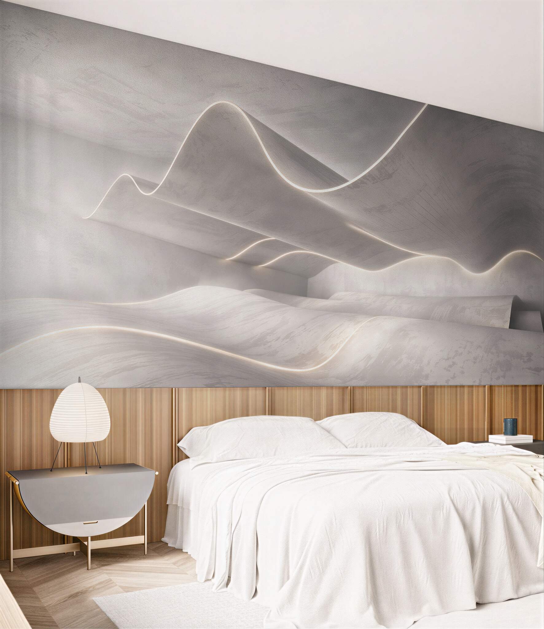 Fototapeta abstrakcyjne fale 3D z liniami światła nowoczesna beżowa