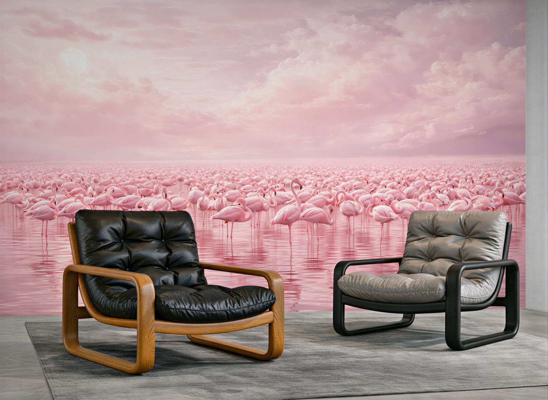 Fototapeta różowe flamingi na wodzie w pastelowym niebie