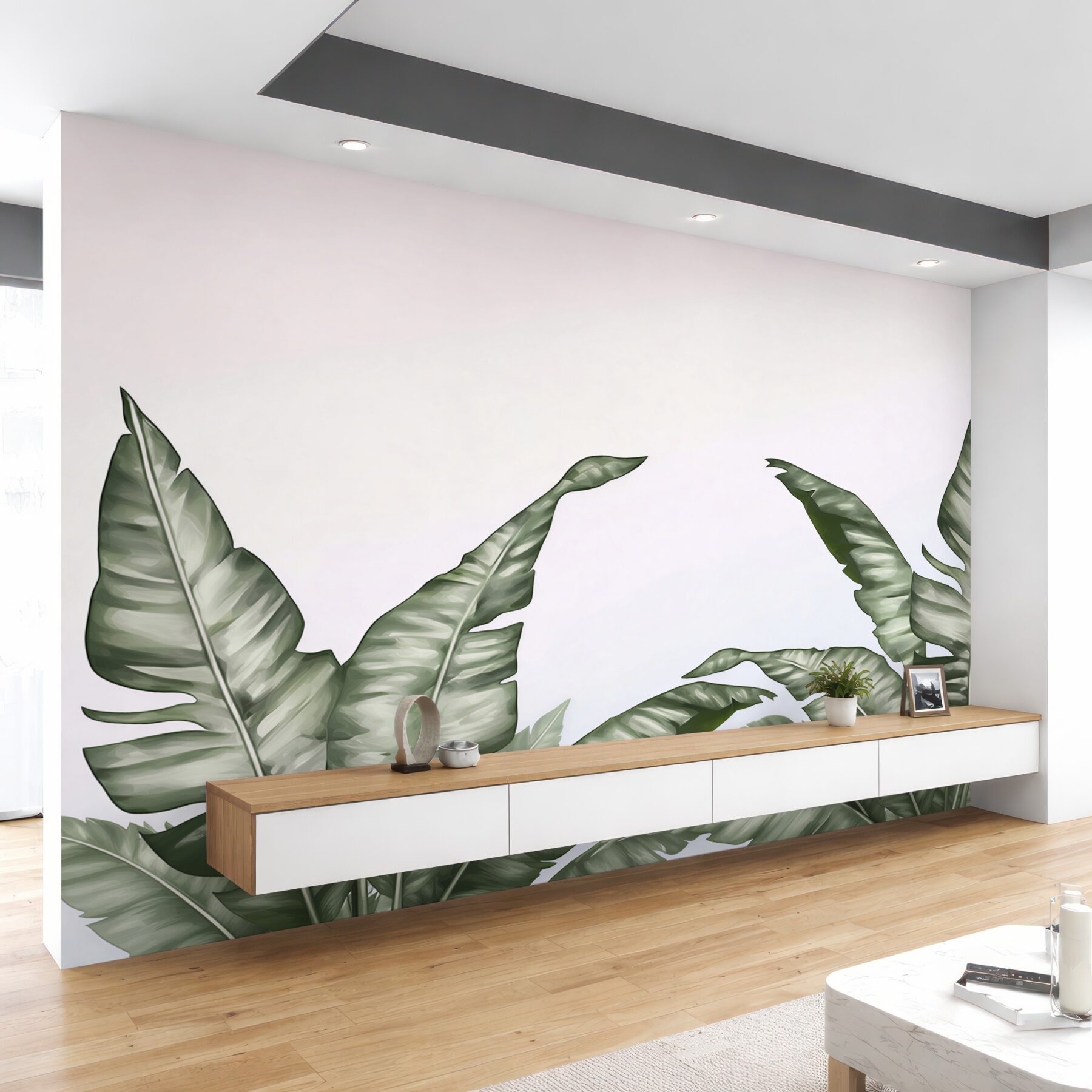 Fototapeta liście bananowca zielone minimalistyczne na jasnym tle