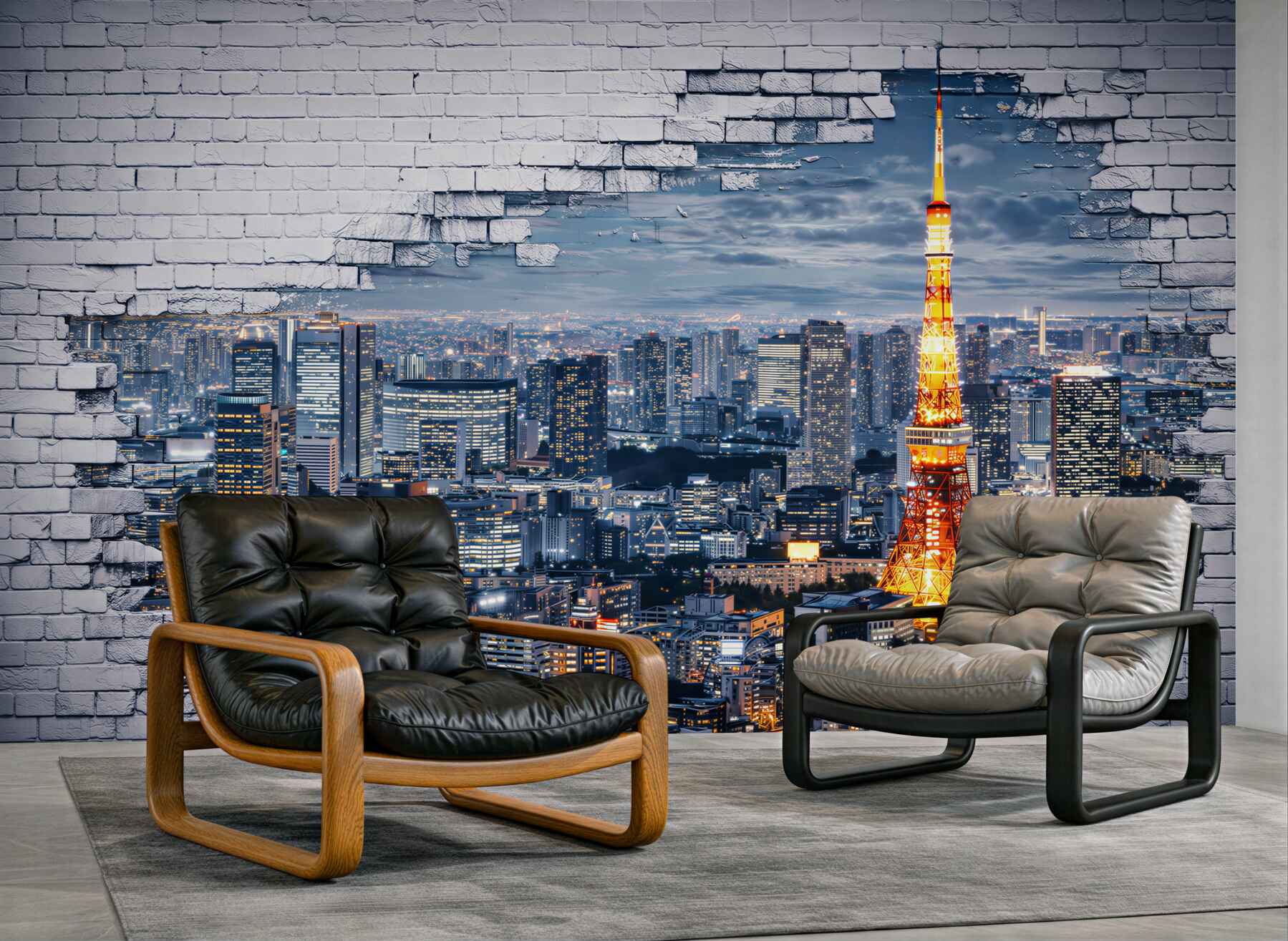 Fototapeta panorama Tokio nocą z wieżą i efektem białej cegły