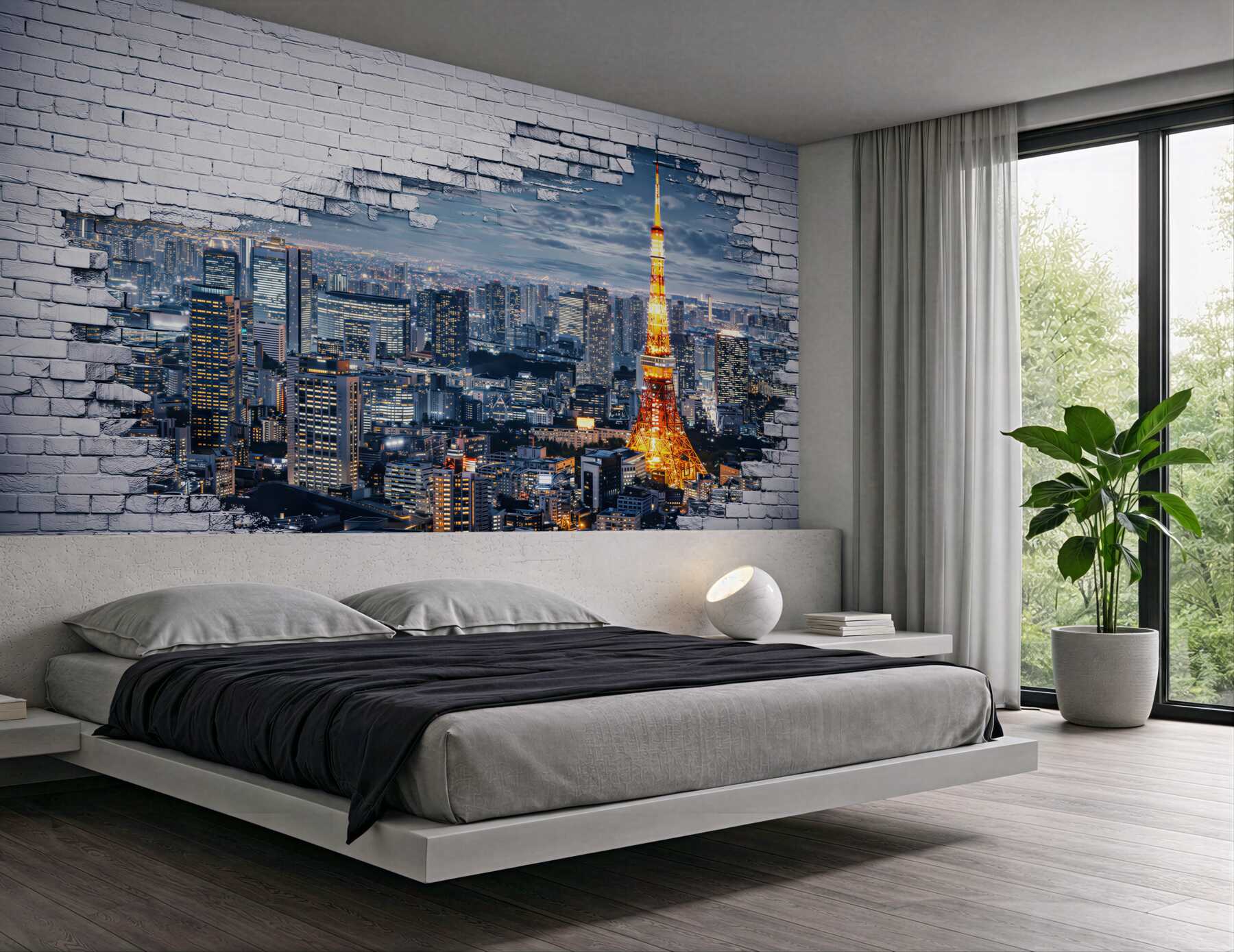 Fototapeta panorama Tokio nocą z wieżą i efektem białej cegły