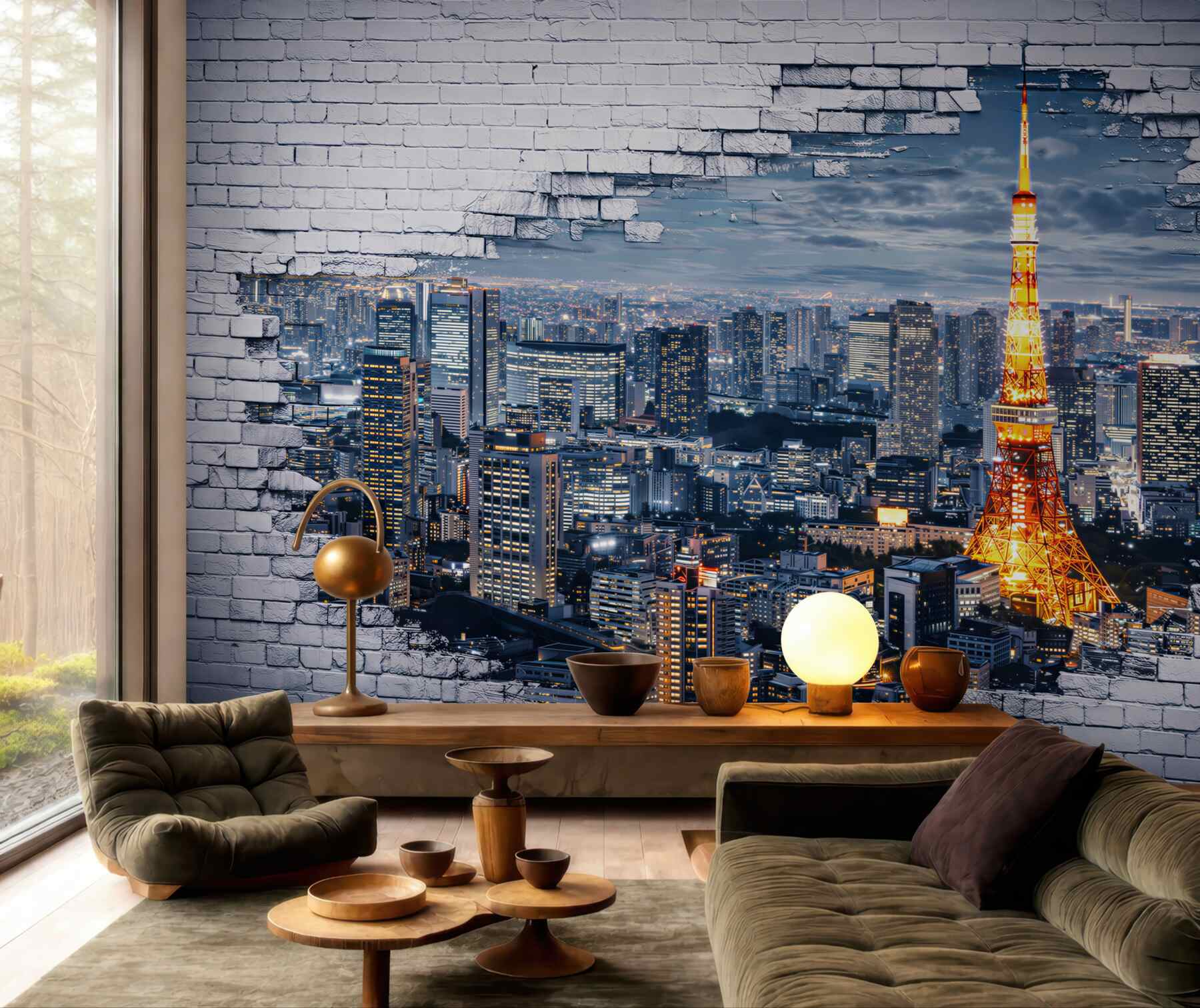 Fototapeta panorama Tokio nocą z wieżą i efektem białej cegły