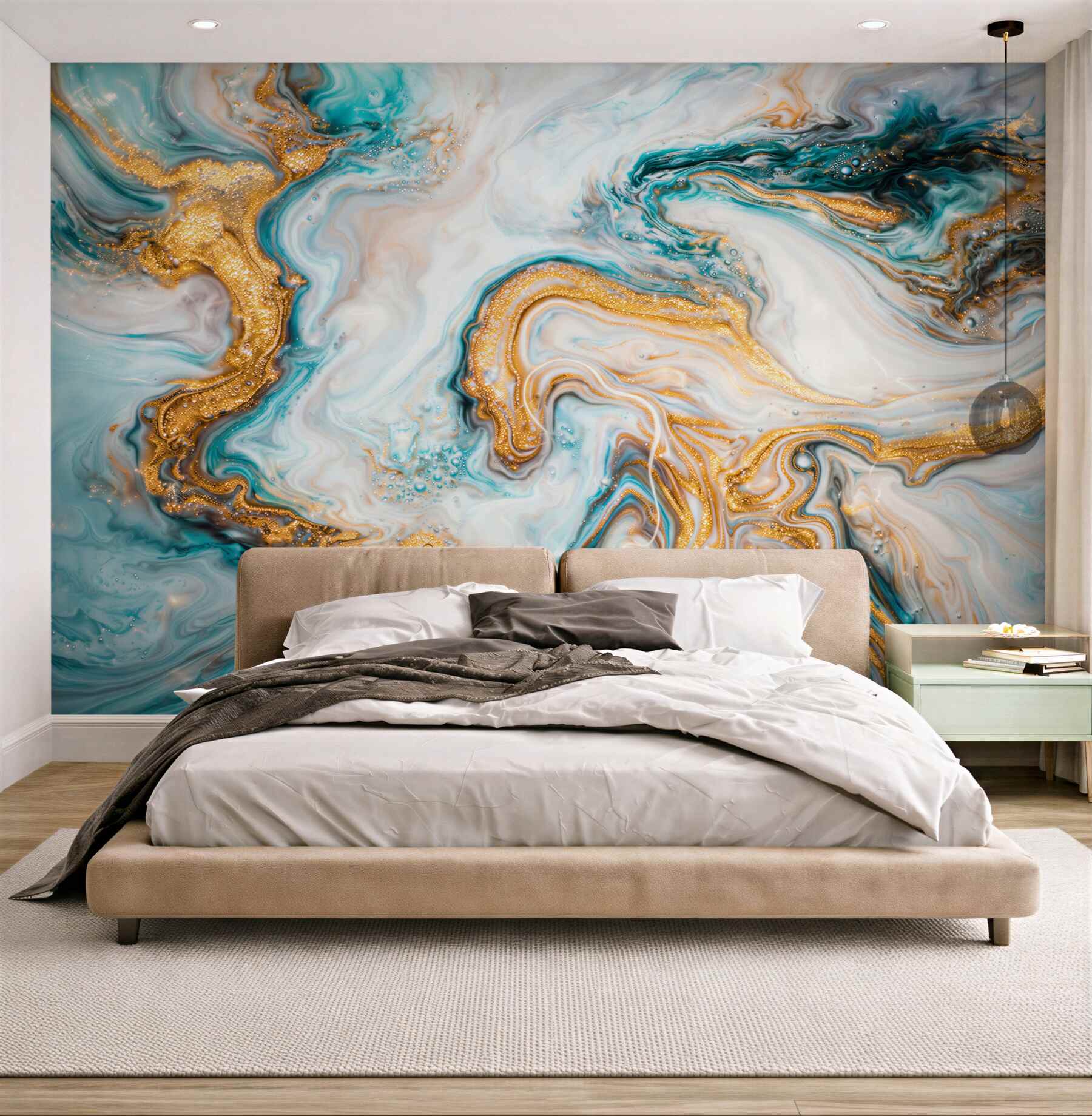 Fototapeta abstrakcyjny marmur biało turkusowy ze złotymi wzorami nowoczesna