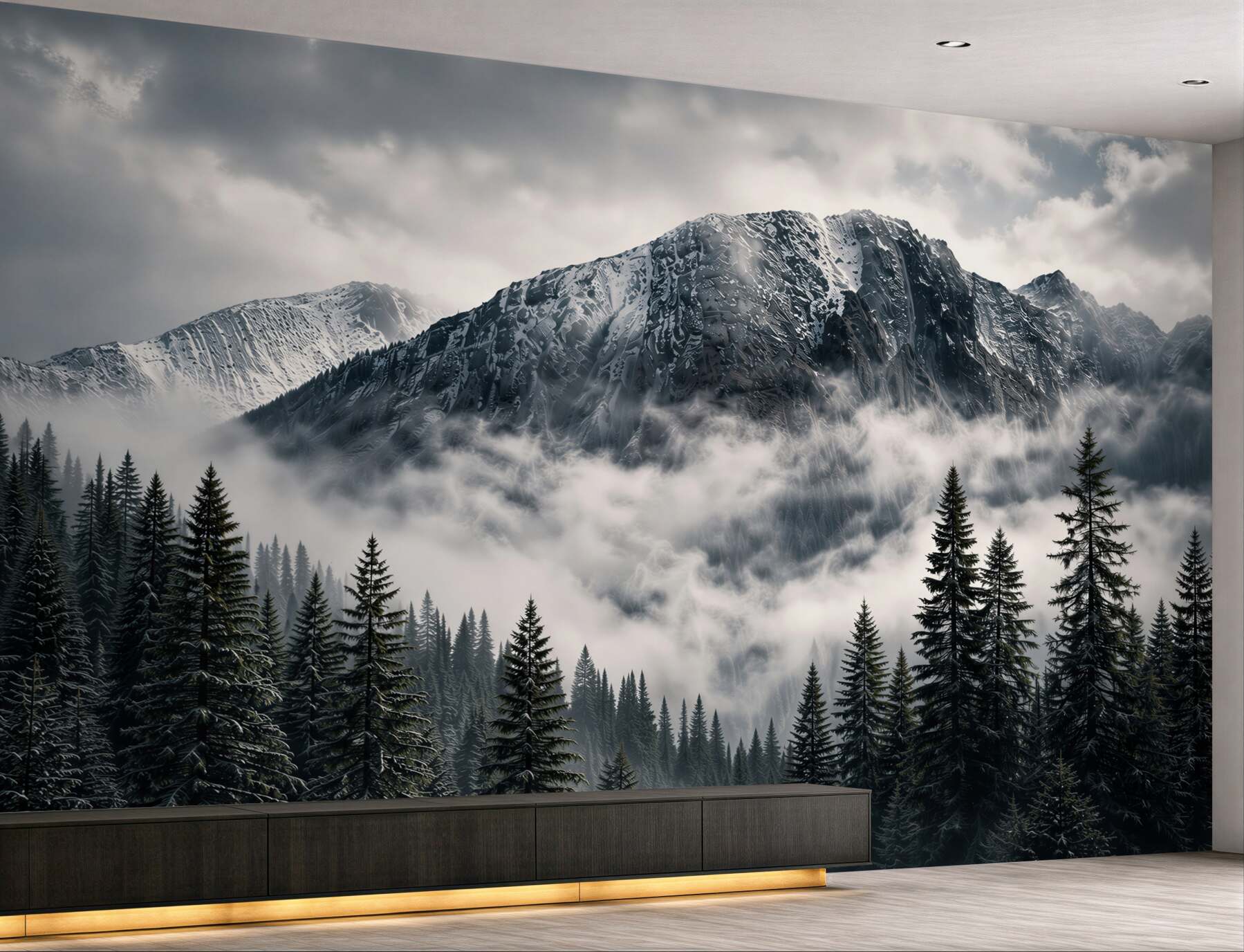 Fototapeta ośnieżone góry i świerkowy las we mgle klimatyczna