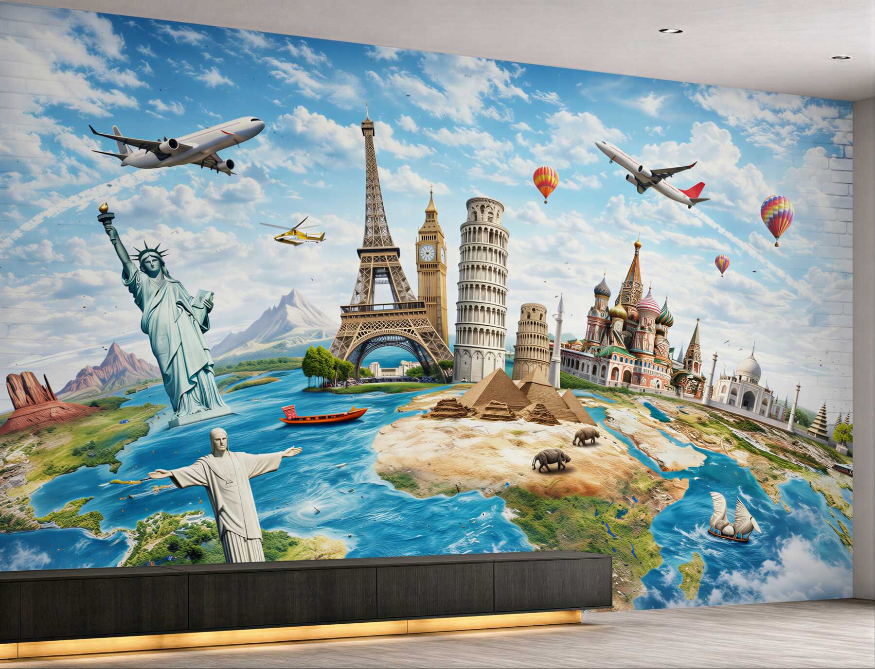 Fototapeta mapa świata z zabytkami i samolotami dla pokoju dziecka