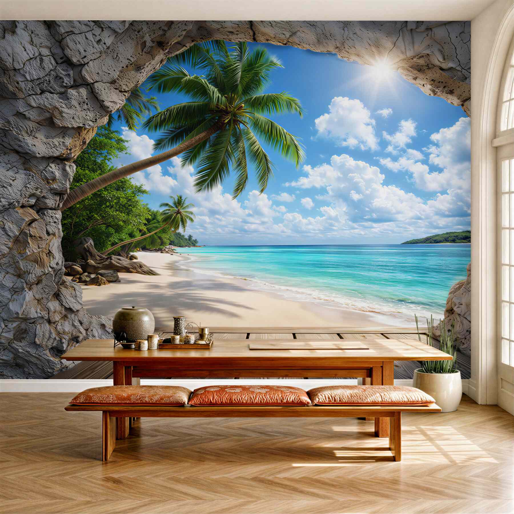 Fototapeta tropikalna plaża z palmami widok z jaskini na turkusowe morze