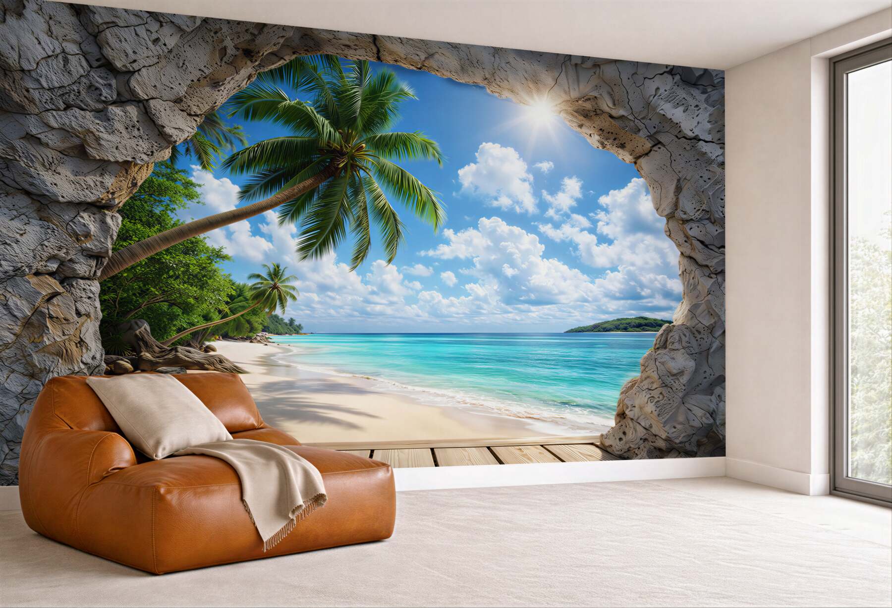Fototapeta tropikalna plaża z palmami widok z jaskini na turkusowe morze