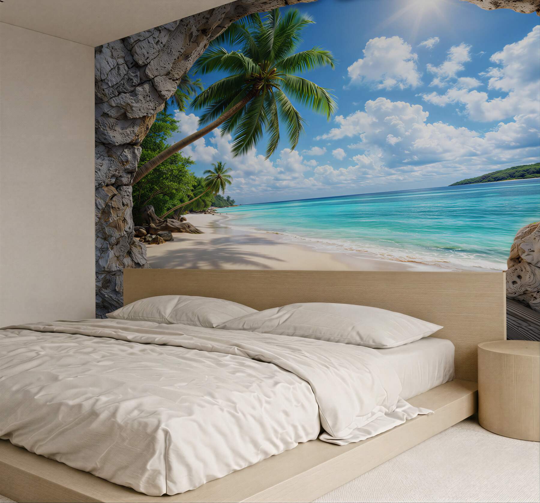 Fototapeta tropikalna plaża z palmami widok z jaskini na turkusowe morze