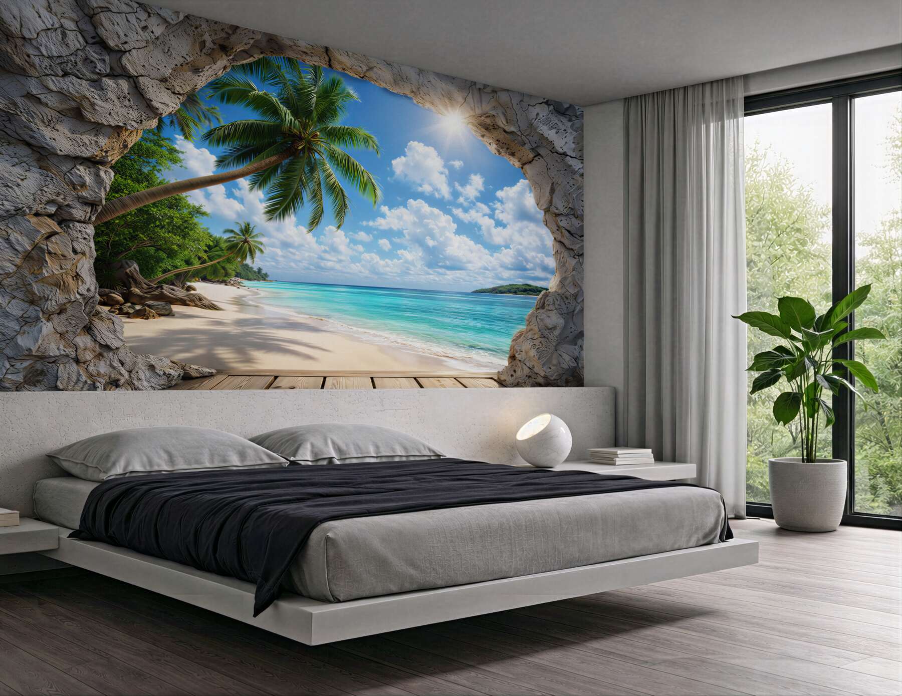 Fototapeta tropikalna plaża z palmami widok z jaskini na turkusowe morze
