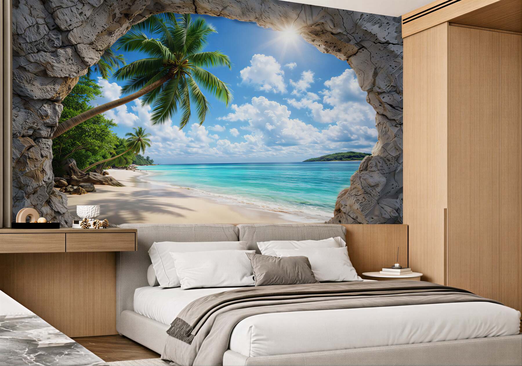 Fototapeta tropikalna plaża z palmami widok z jaskini na turkusowe morze