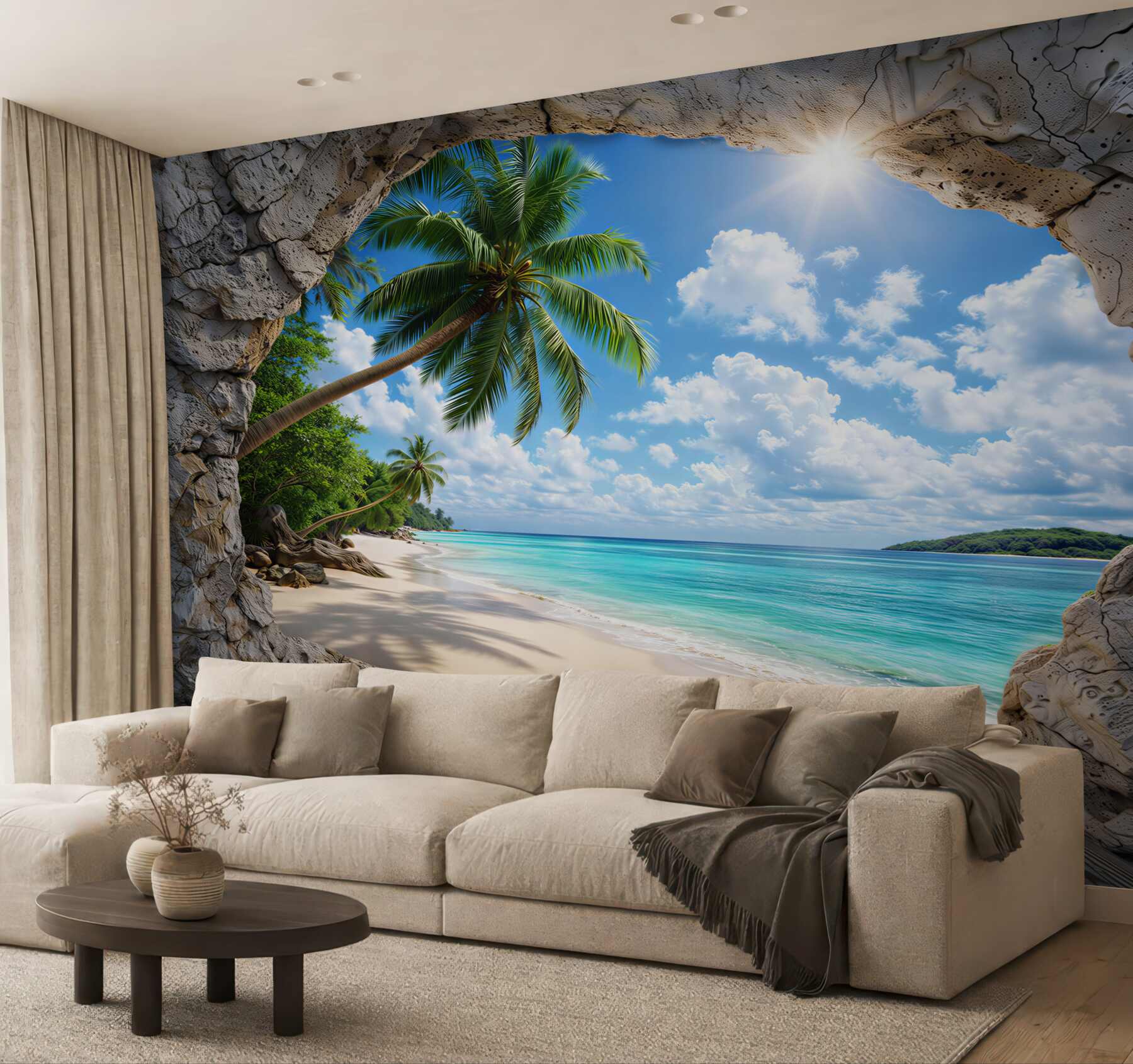 Fototapeta tropikalna plaża z palmami widok z jaskini na turkusowe morze