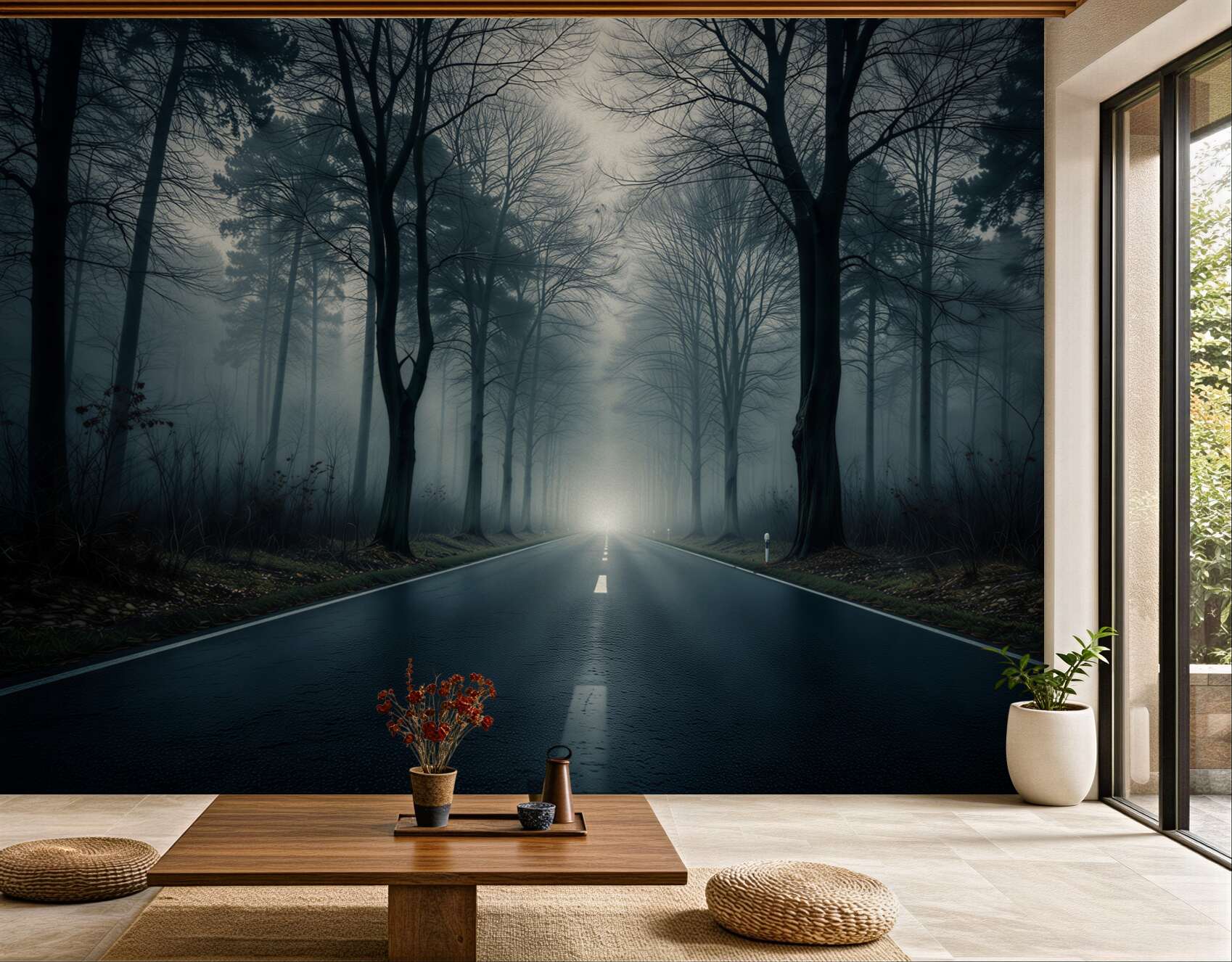 Fototapeta droga przez mglisty las ciemna nastrojowa