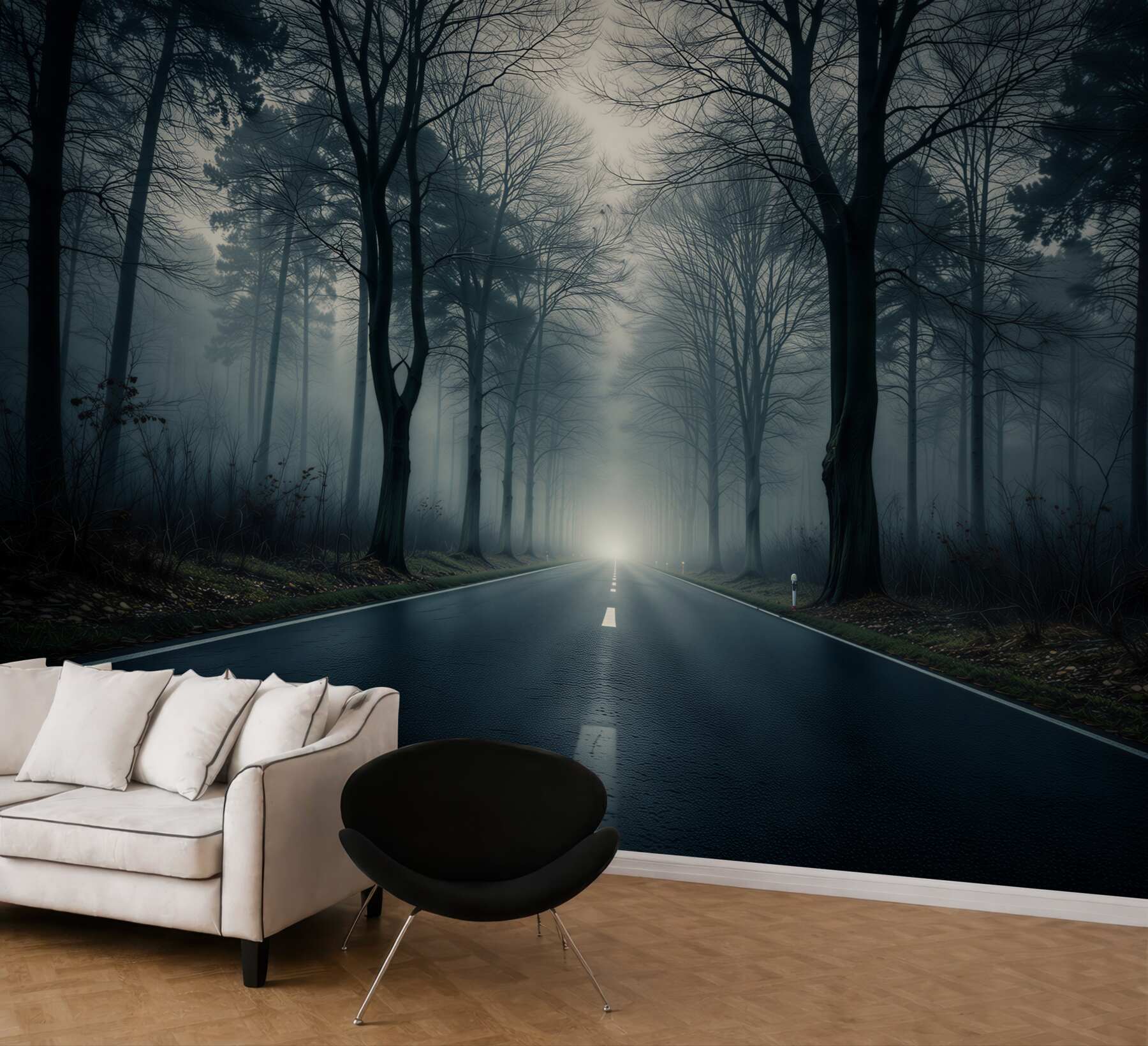 Fototapeta droga przez mglisty las ciemna nastrojowa