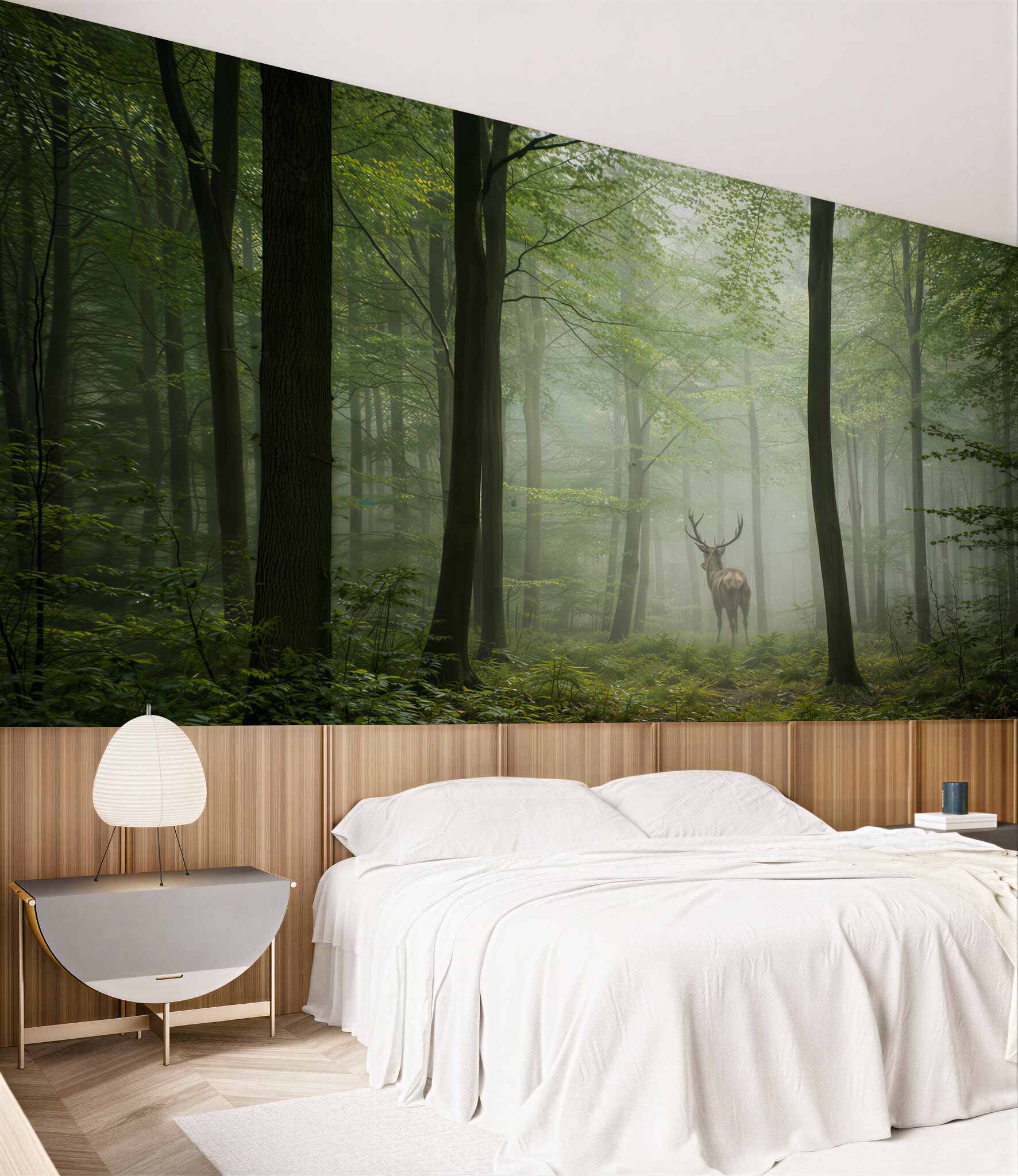Fototapeta jeleń w zielonym lesie we mgle naturalna