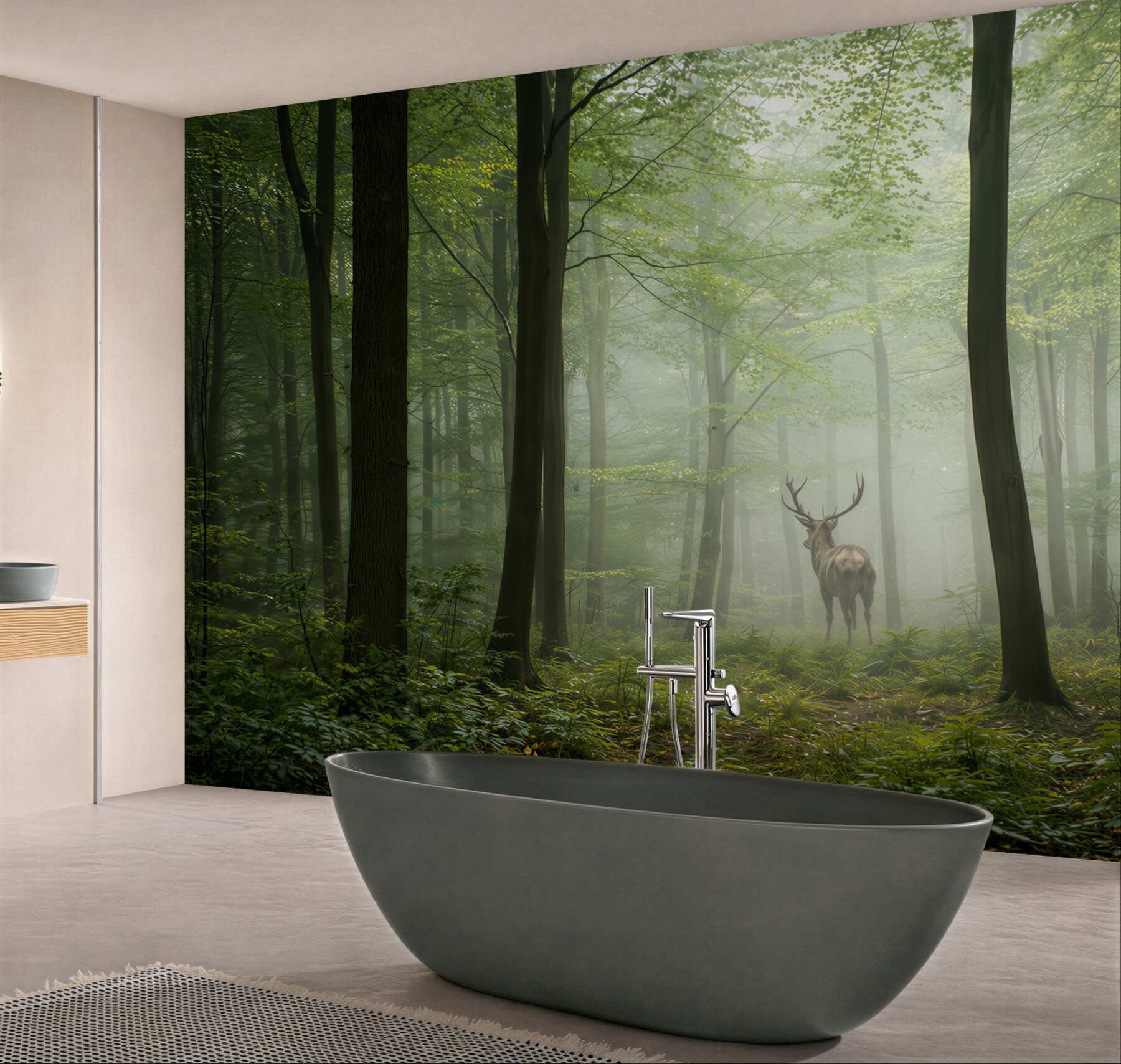 Fototapeta jeleń w zielonym lesie we mgle naturalna