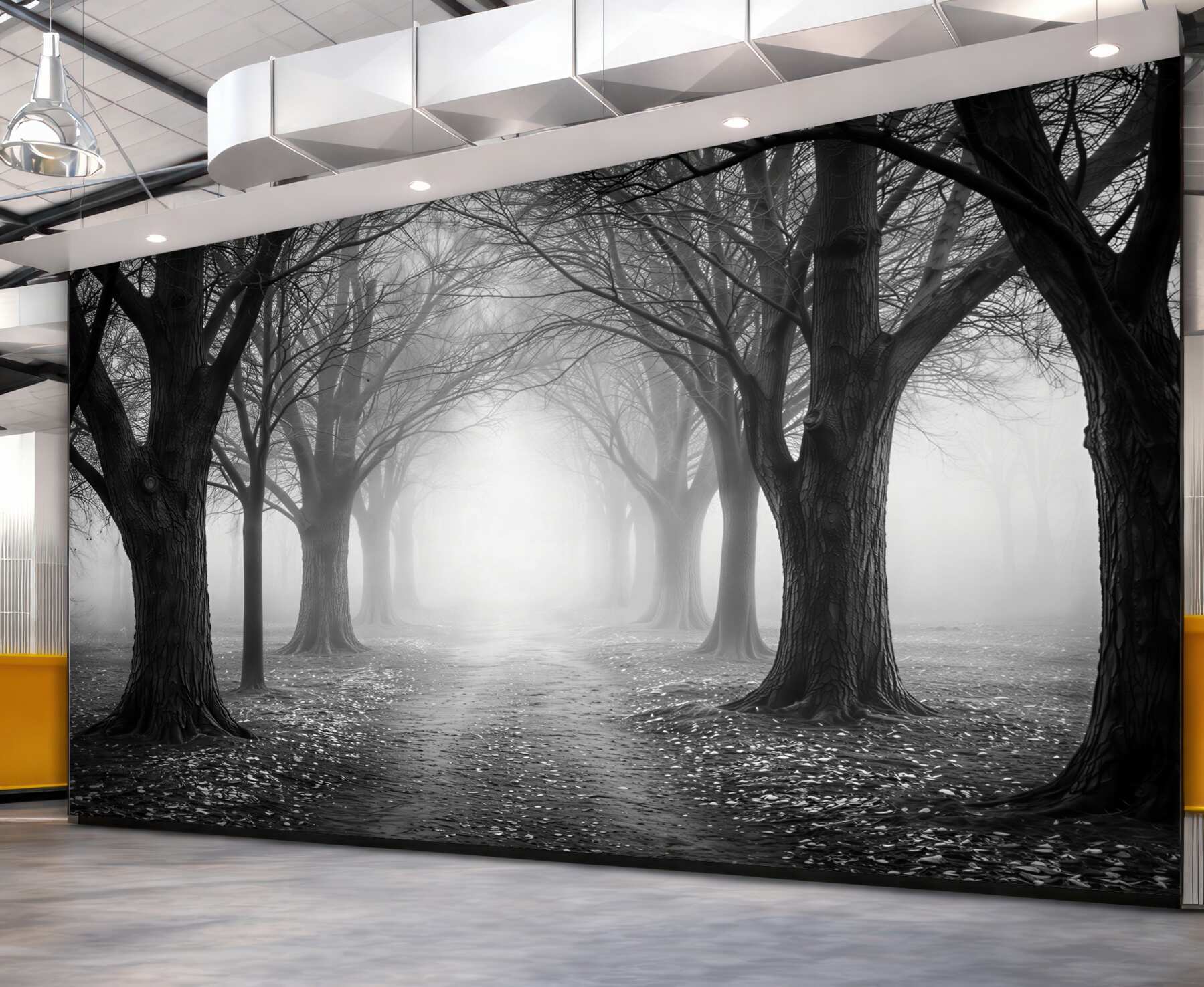 Fototapeta aleja drzew we mgle czarno biała minimalistyczna