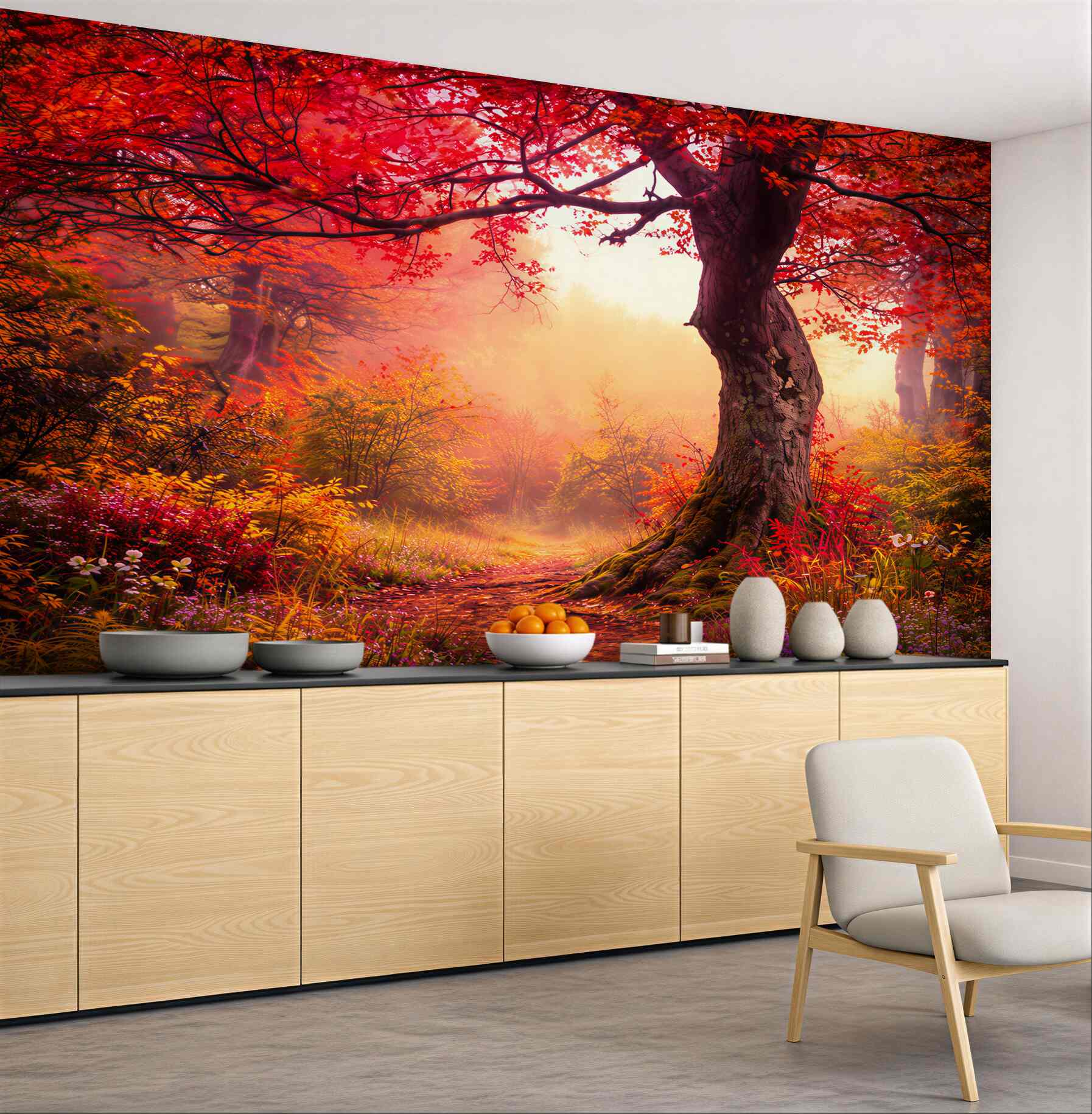 Fototapeta czerwony jesienny las z bajkową ścieżką