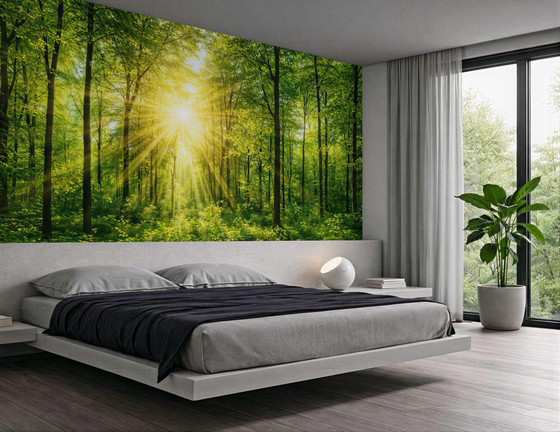 Fototapeta zielony las ze słońcem i promieniami światła