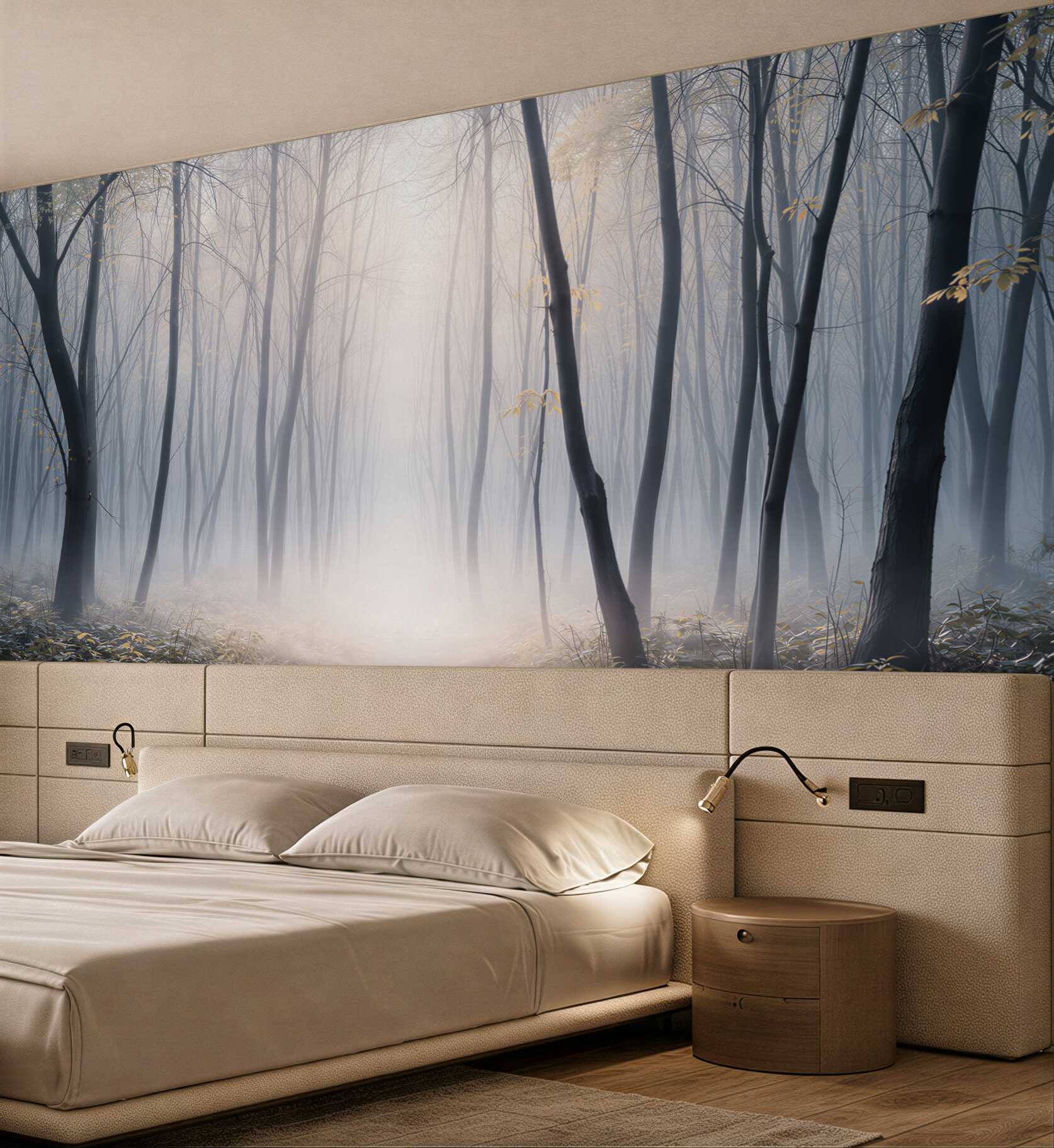Fototapeta mglisty las z leśną ścieżką w chłodnych szarościach