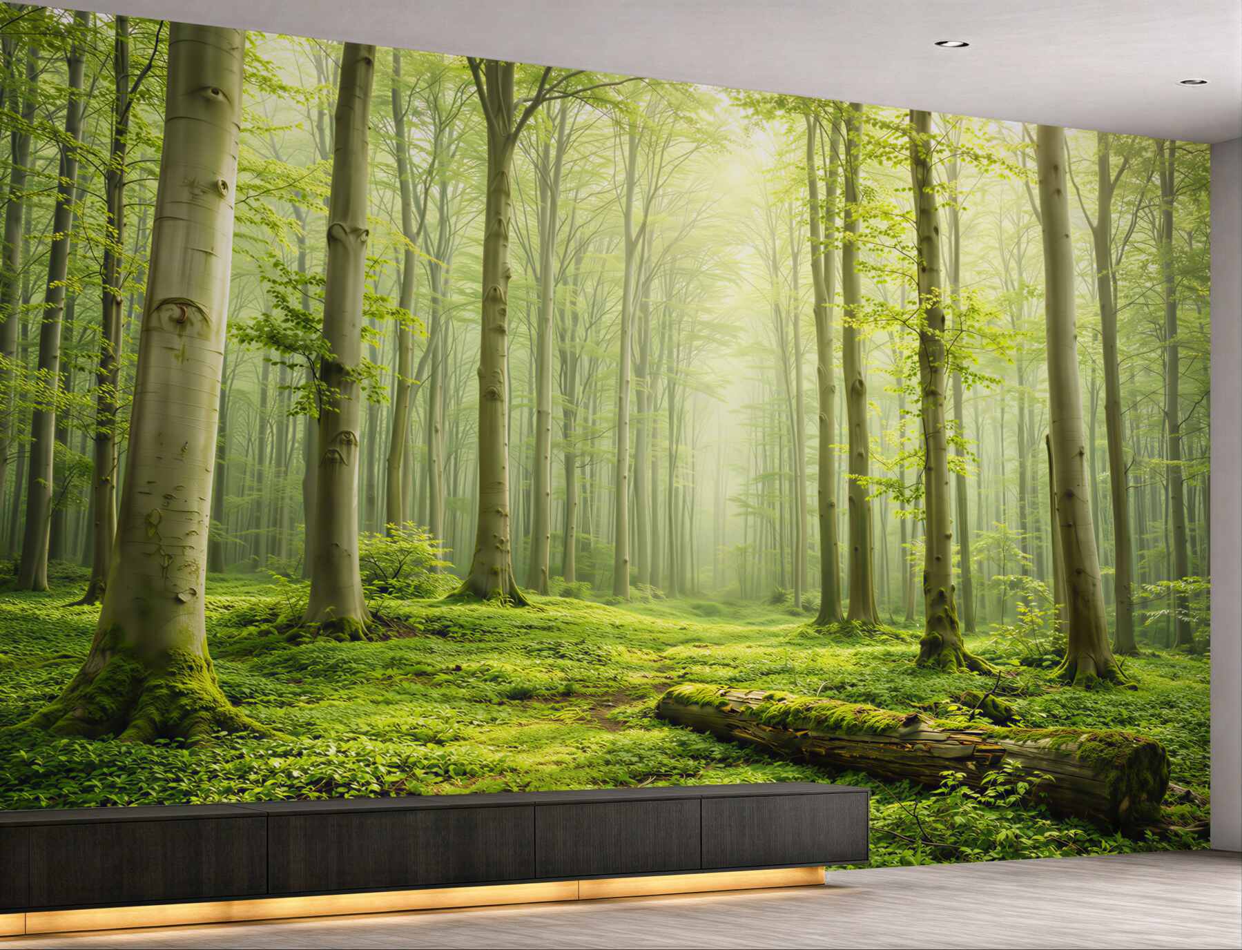 Fototapeta zielony las bukowy w promieniach słońca