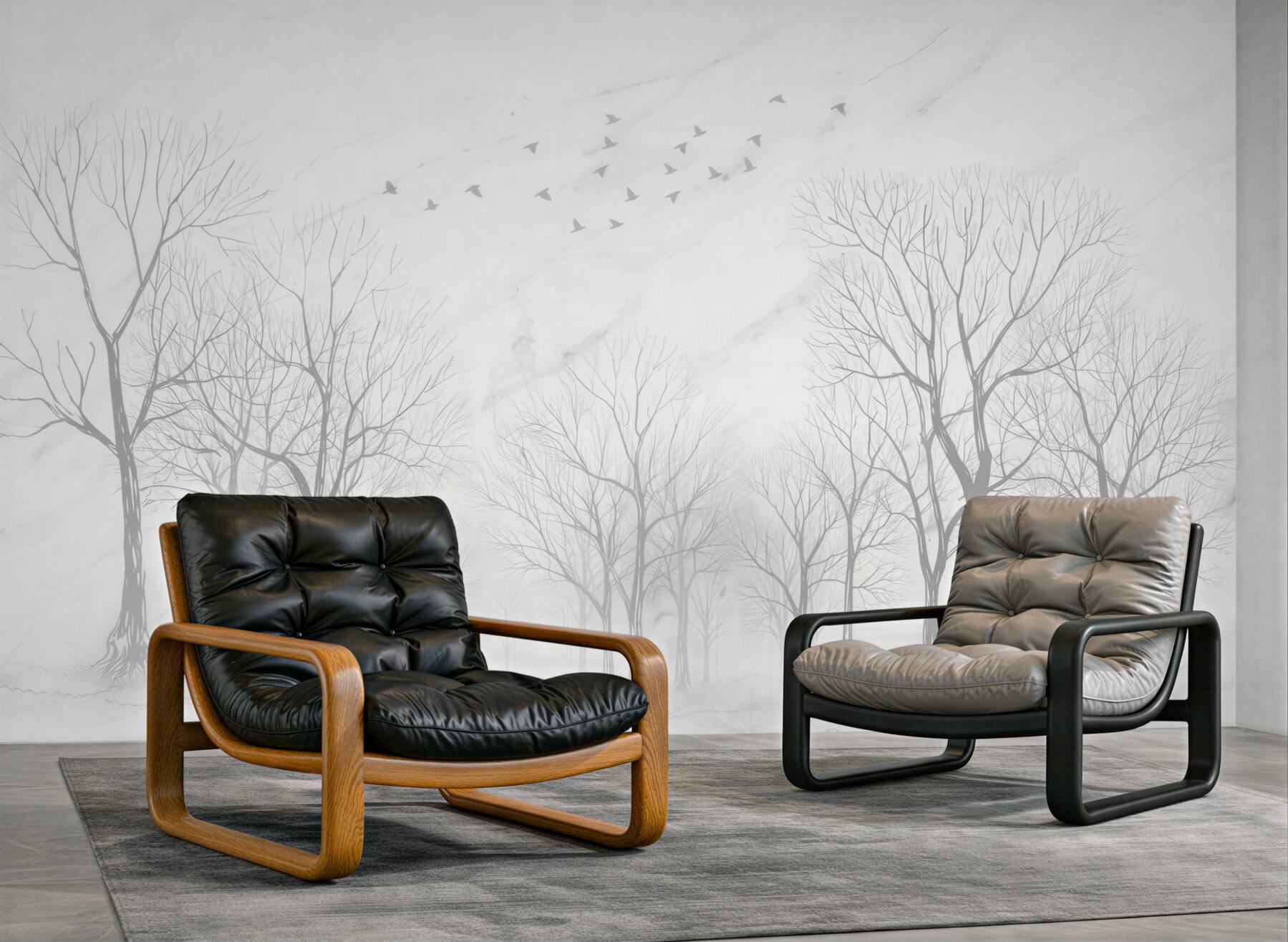Fototapeta mglisty las z ptakami w jasnych beżach spokojna