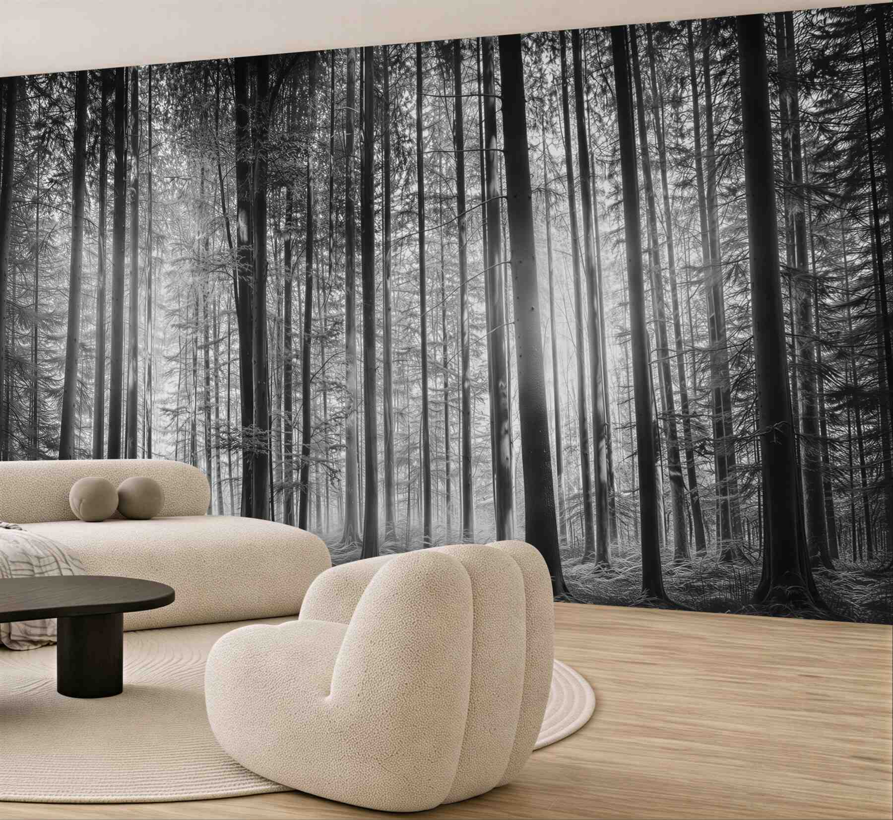 Fototapeta wysoki las we mgle czarno-biały do nowoczesnego wnętrza