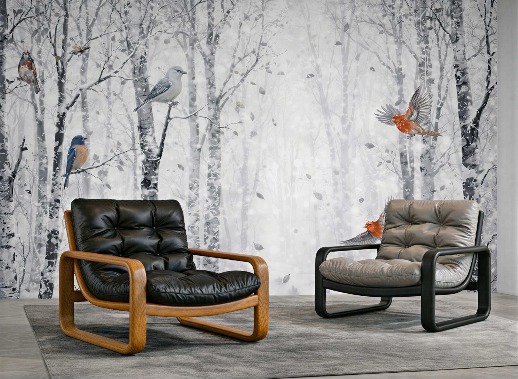 Fototapeta zimowy las z kolorowymi ptakami w delikatnej szarości
