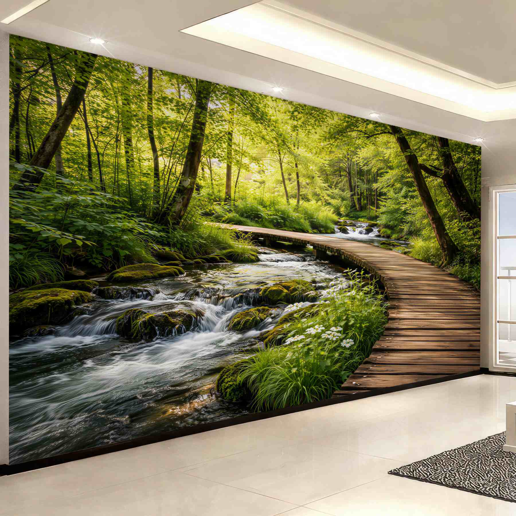 Fototapeta leśny strumień z drewnianą ścieżką zielony naturalny krajobraz