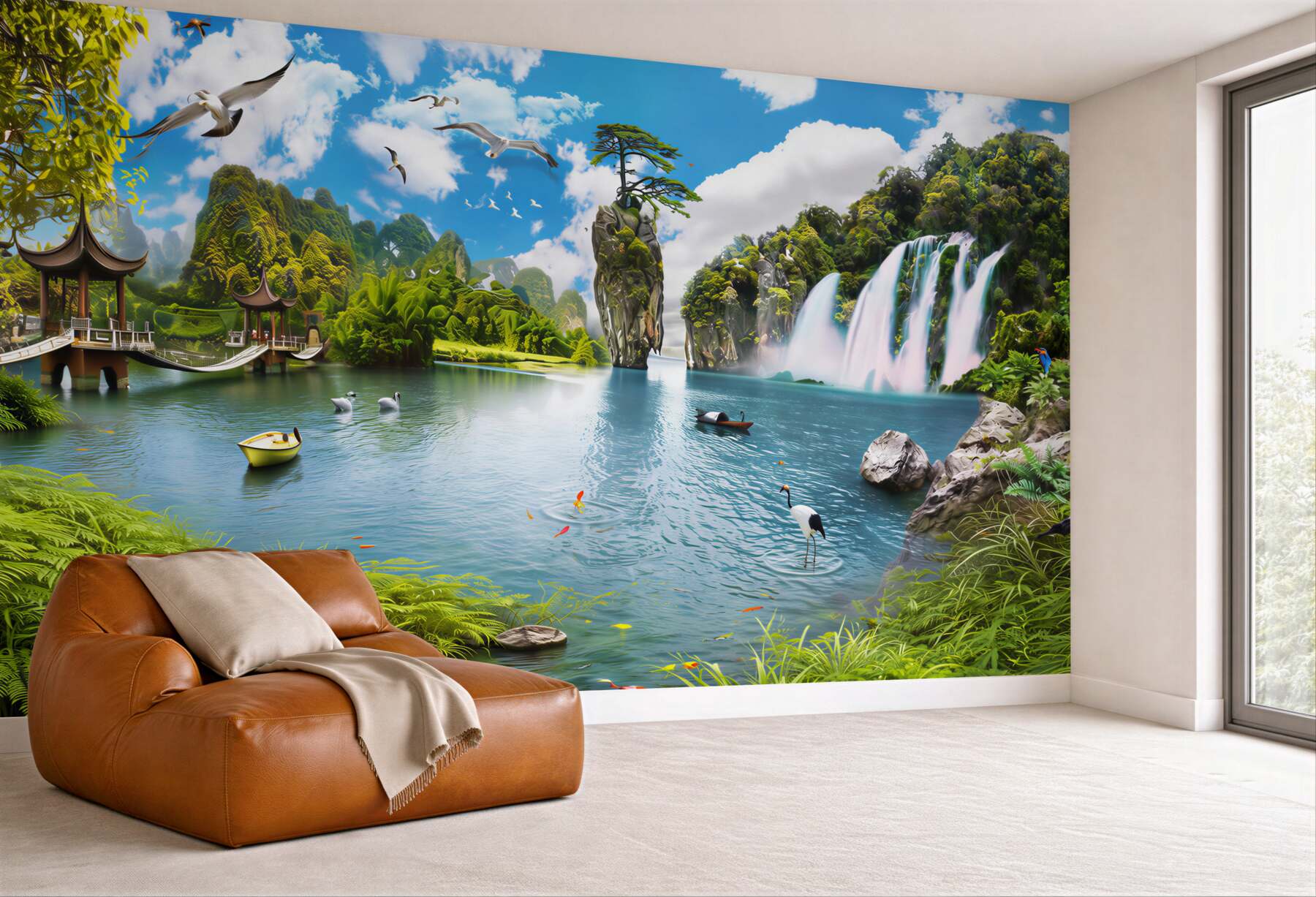 Fototapeta egzotyczna laguna z wodospadami i pawilonami w orientalnym stylu