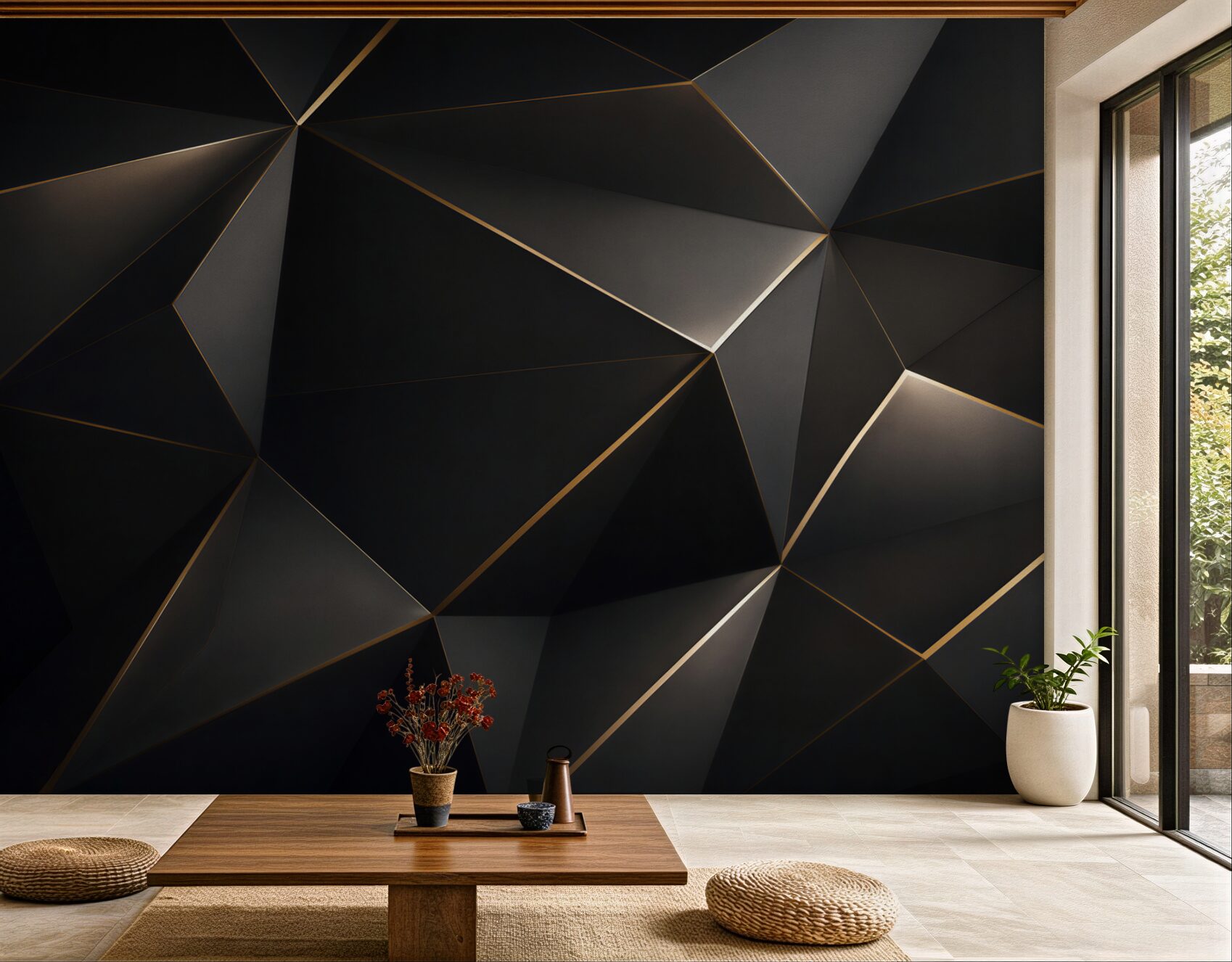 Fototapeta czarna geometria 3D ze złotymi liniami nowoczesna loftowa
